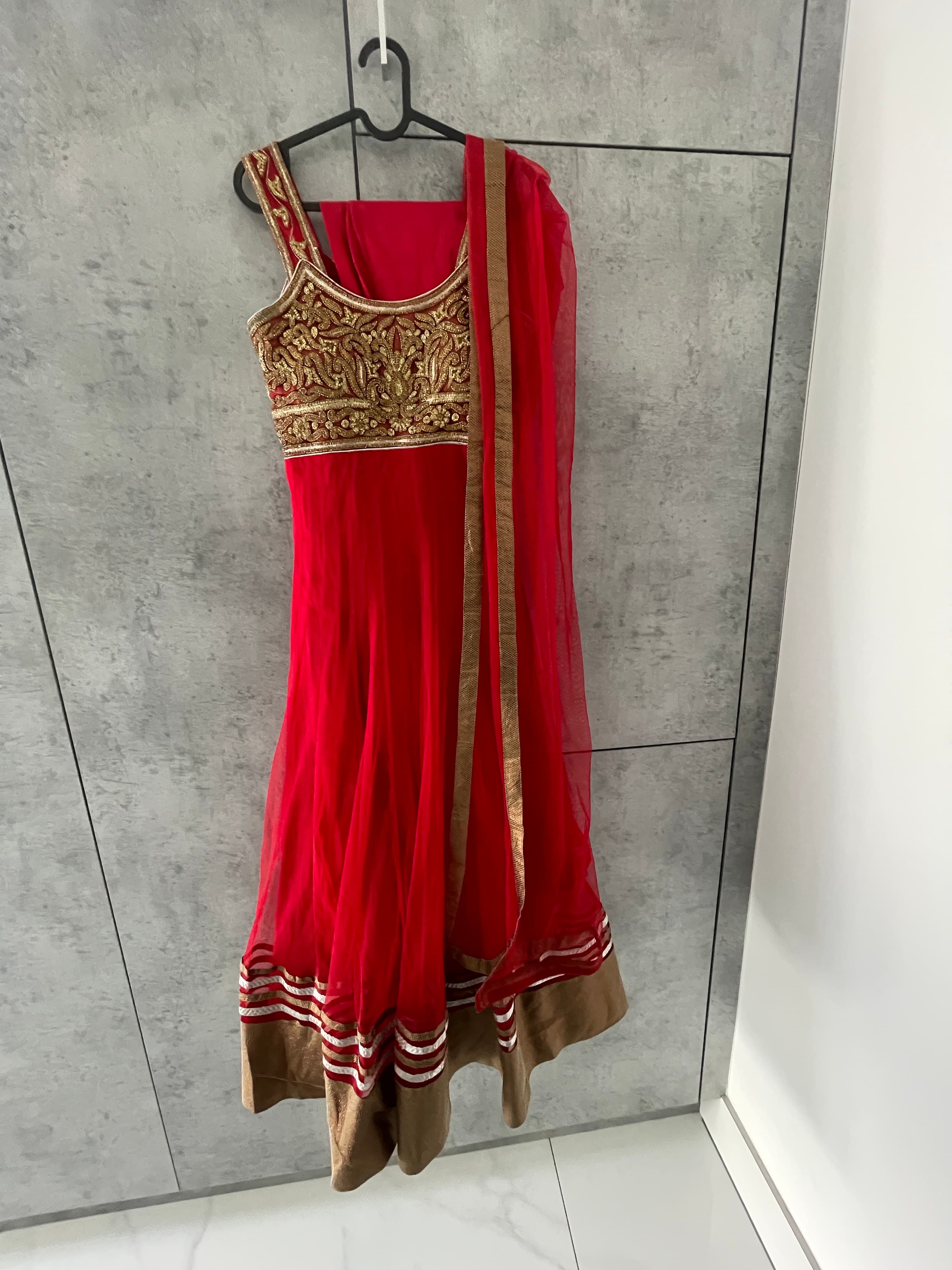 Stunning Red Anarkali Suit with Gold Zardozi and Sequin Work - Size 38