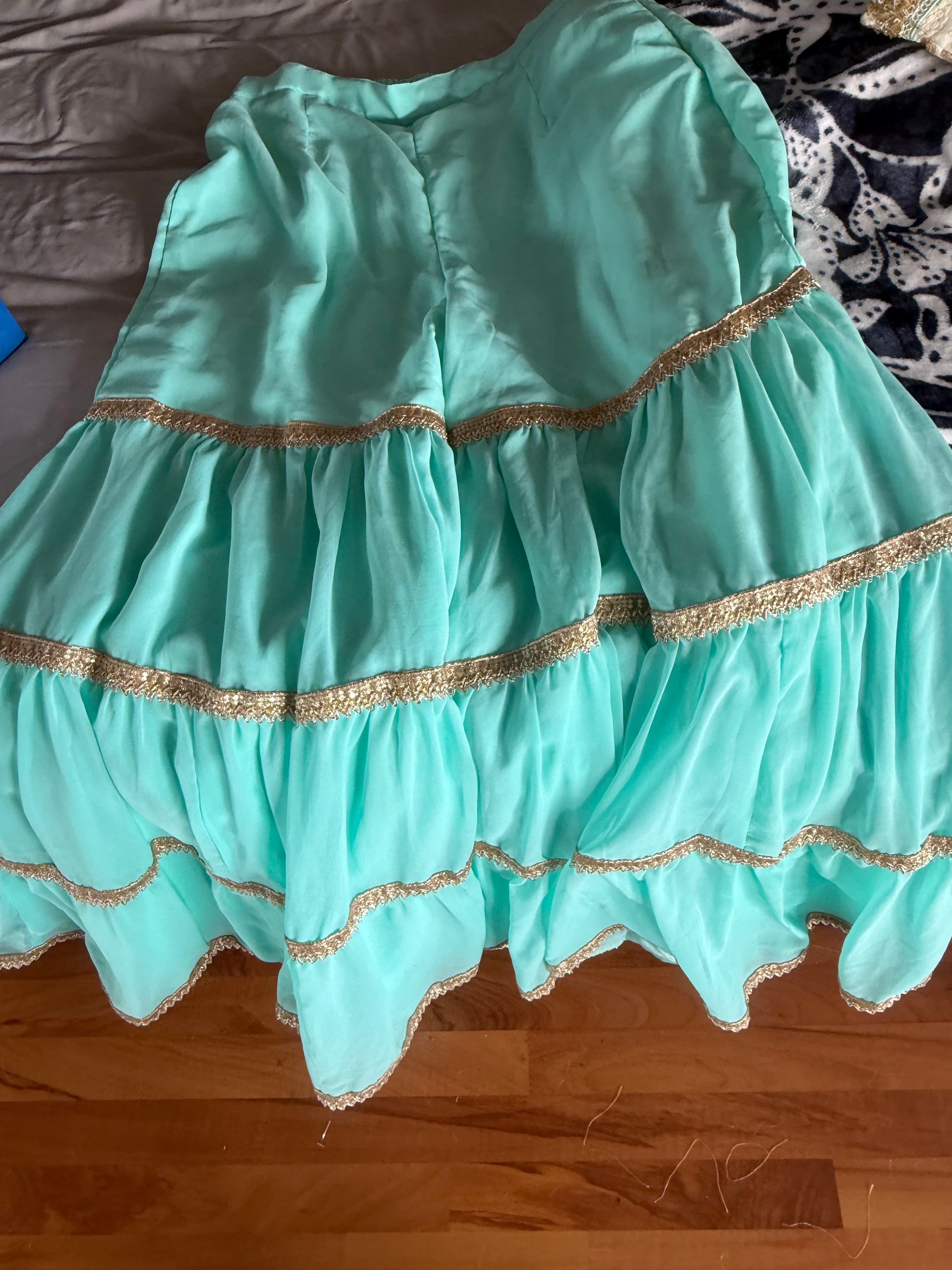 Elegant Aqua Blue Sharara Suit with Gold Embroidery and Mirror Work