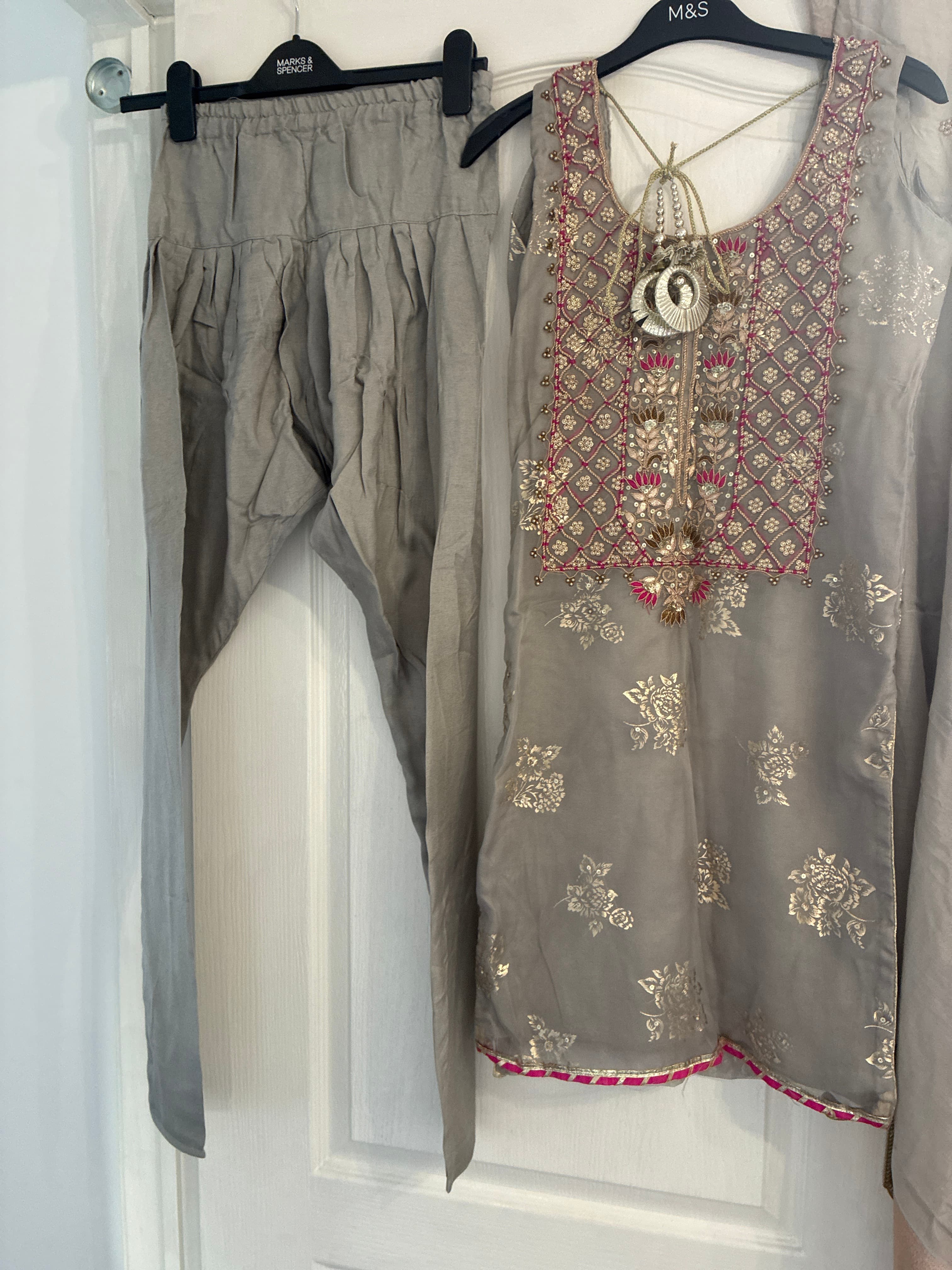 Elegant Grey Salwar Suit with Gold and Pink Embroidery