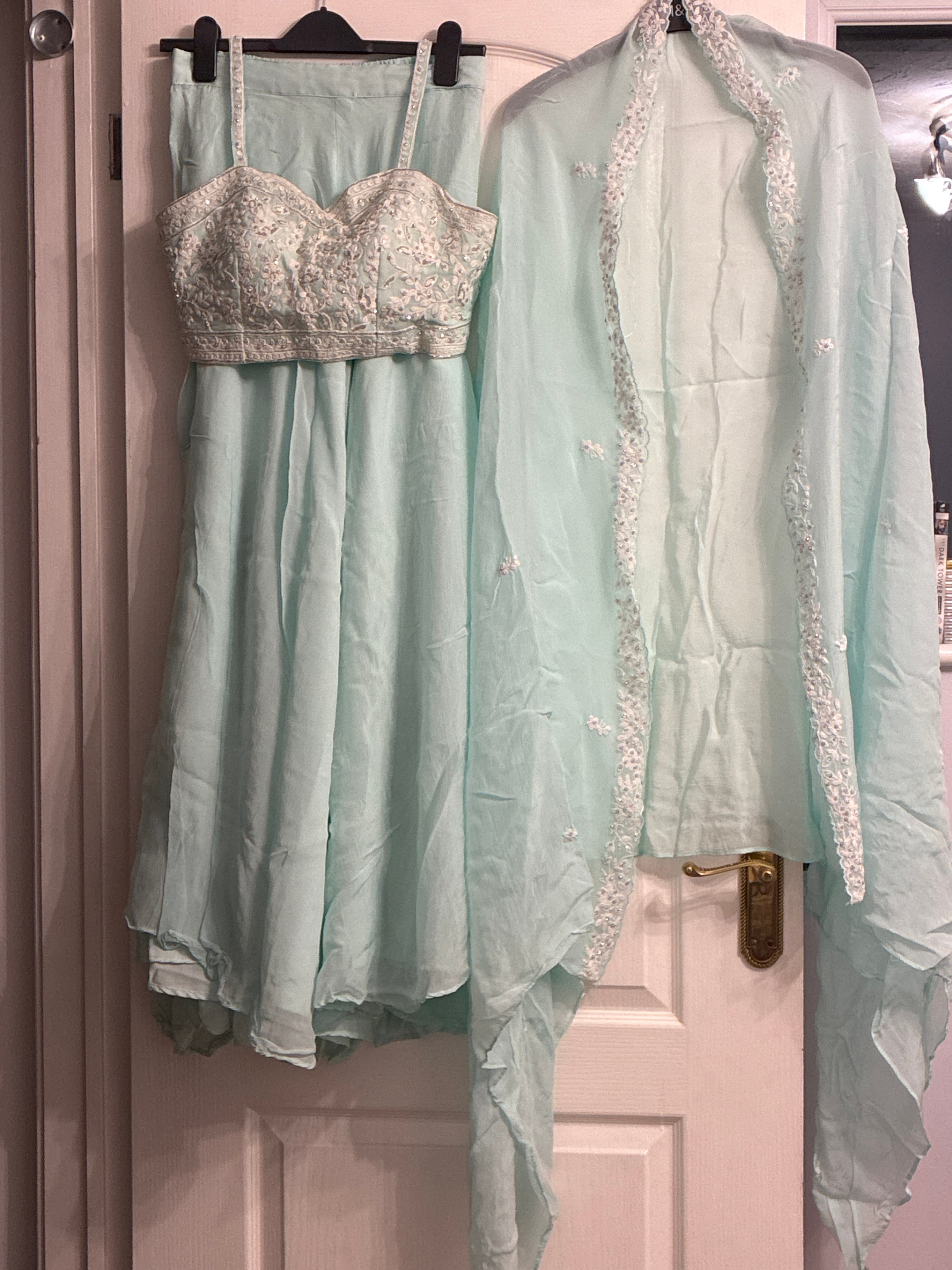 Elegant Mint Embroidered sharara Choli with cape dupatta