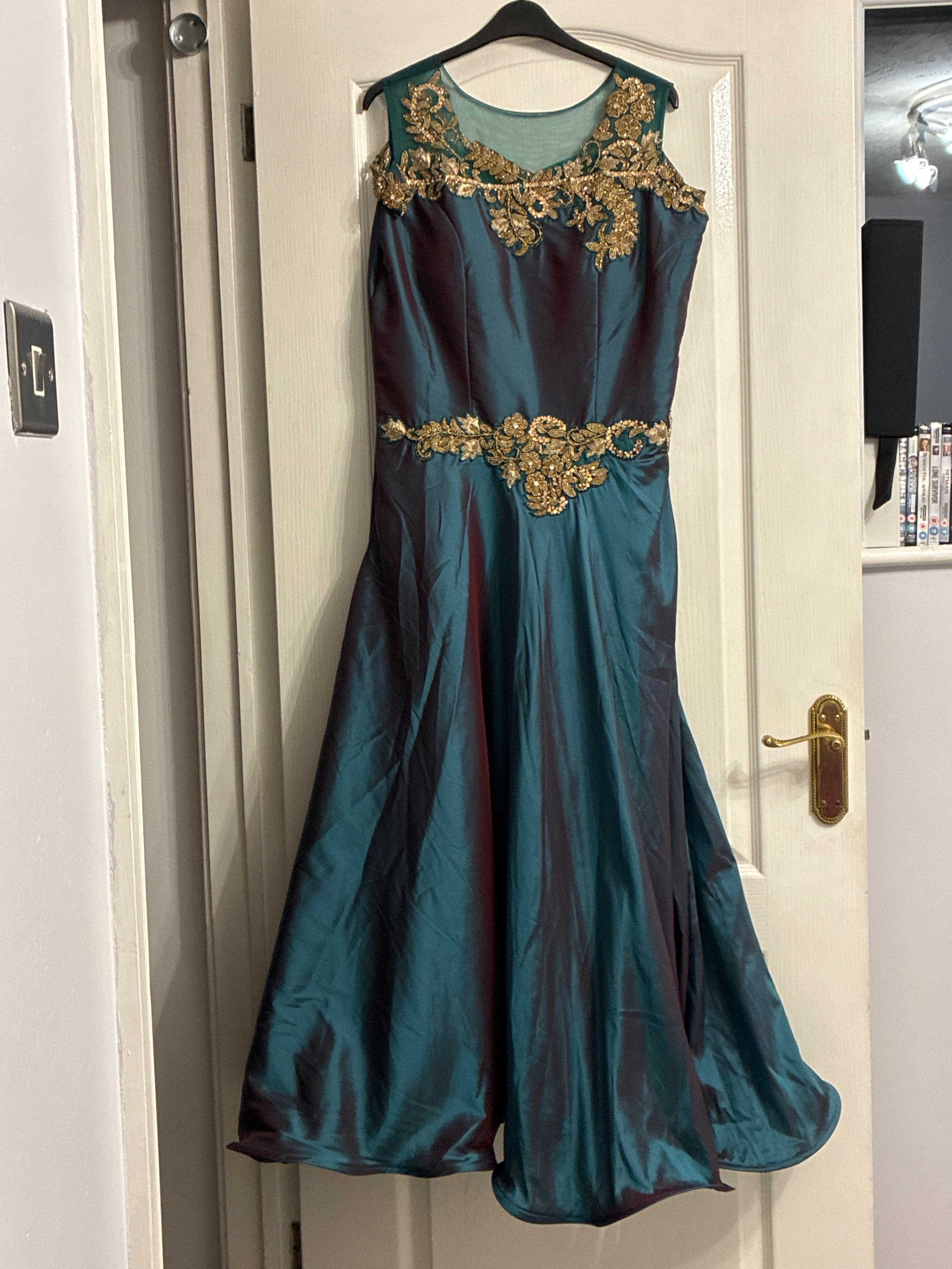 Elegant Teal & Maroon Gold Embroidered Indowestern Gown Dress