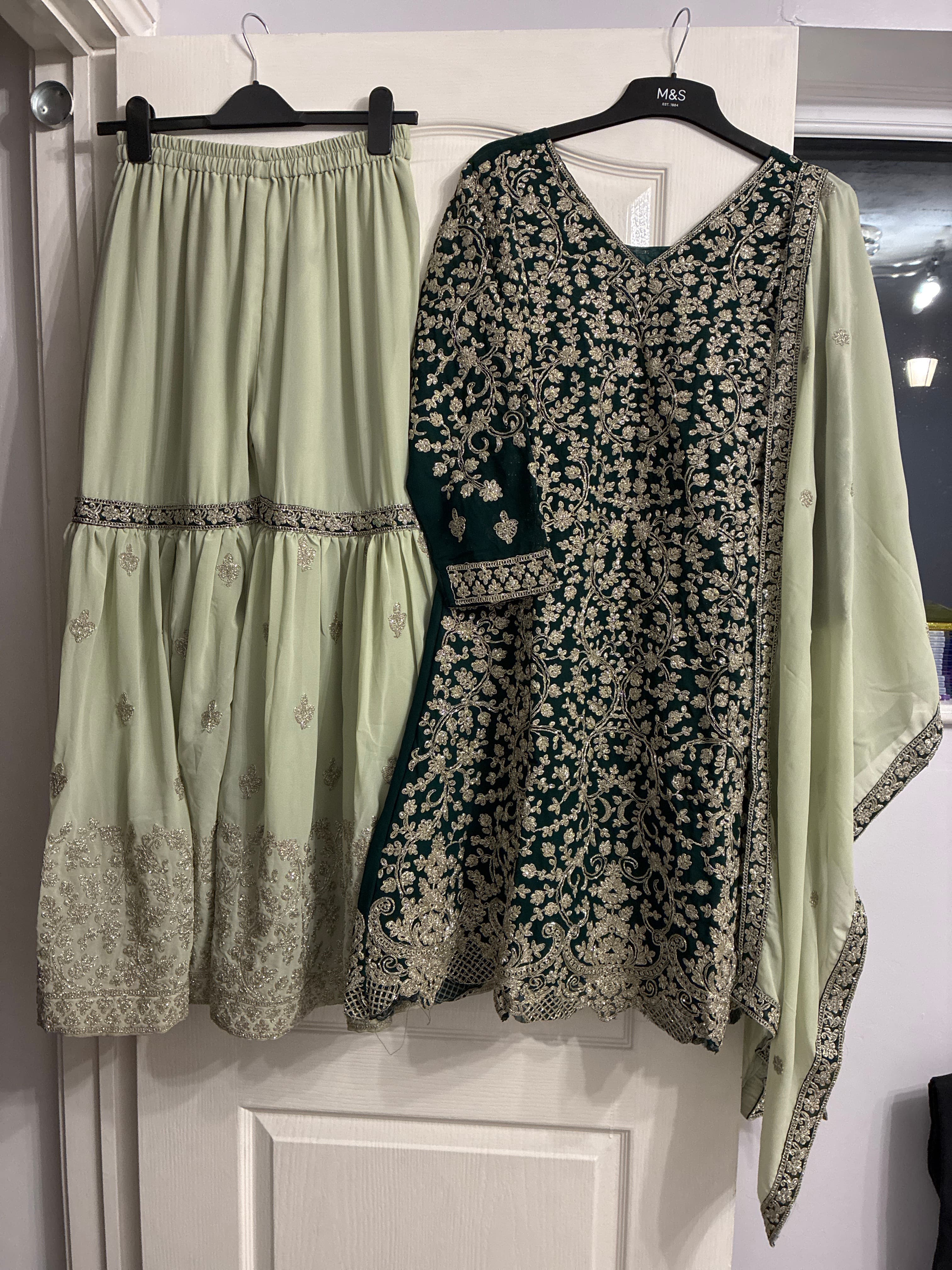 Elegant Emerald Green & Mint Green Sharara Suit with Intricate Silver Embroidery