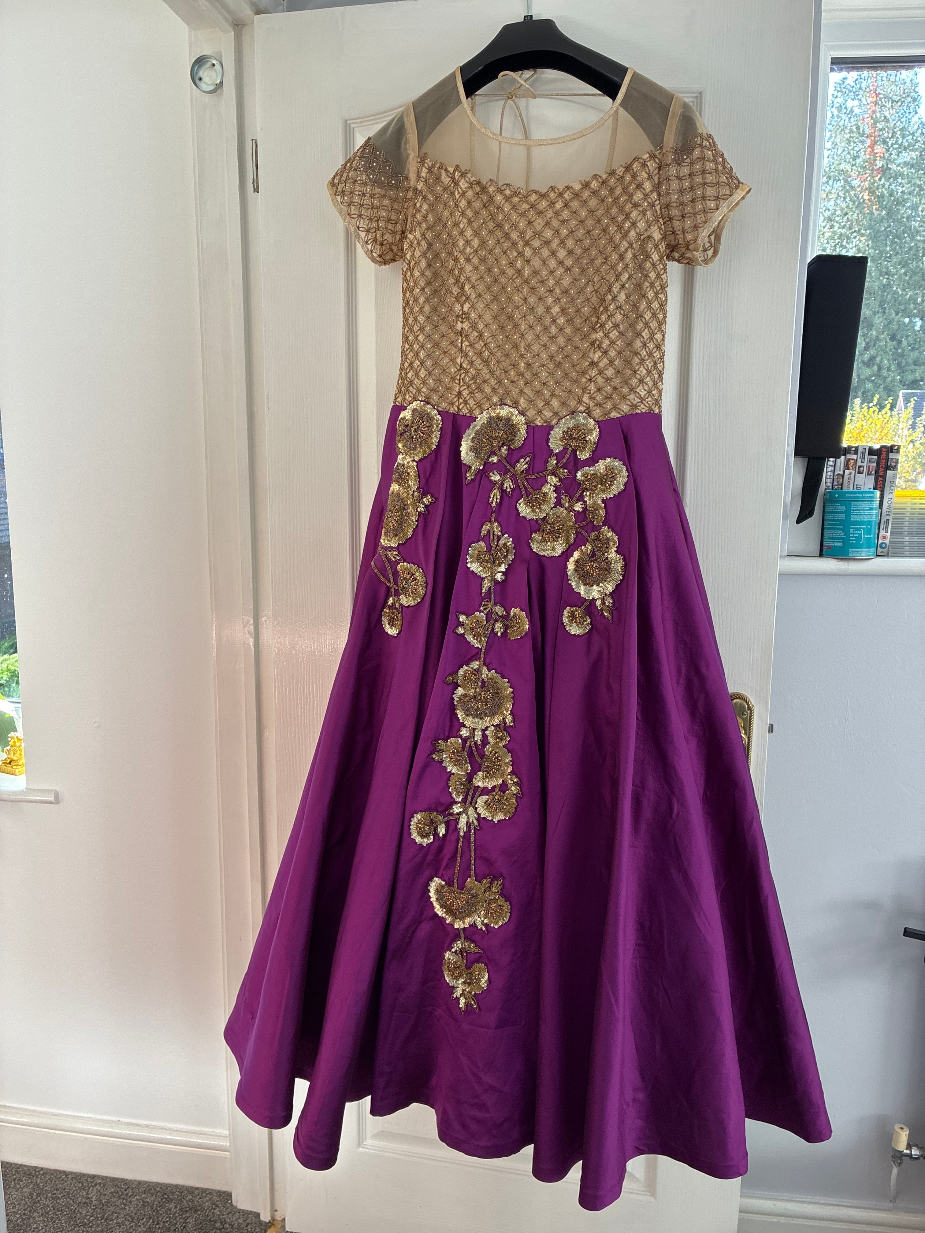 Stunning Purple & Gold Embellished Indowestern Gown Dress