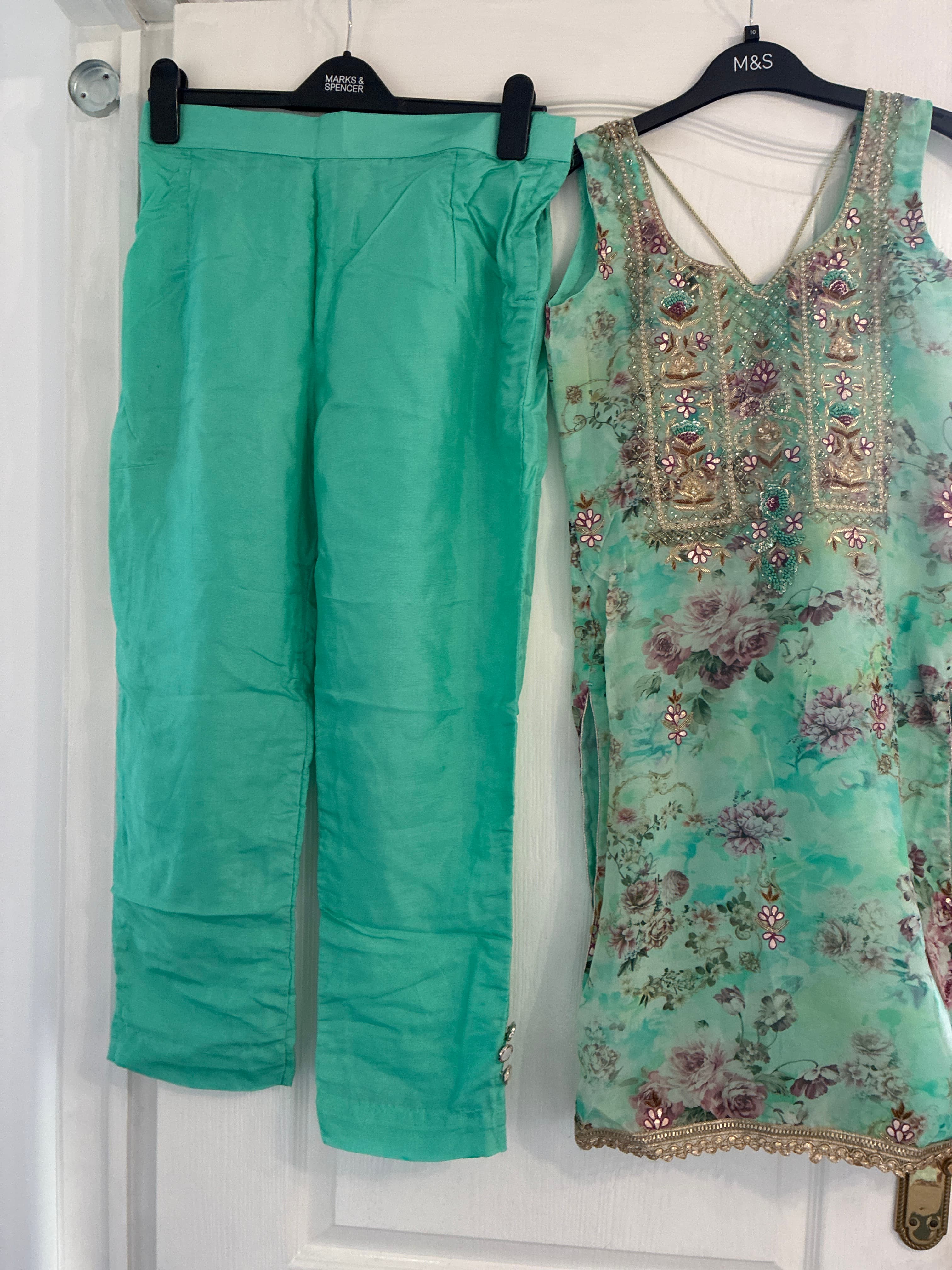 Elegant Mint Green Floral Suit with Embellished Yoke and Trousers