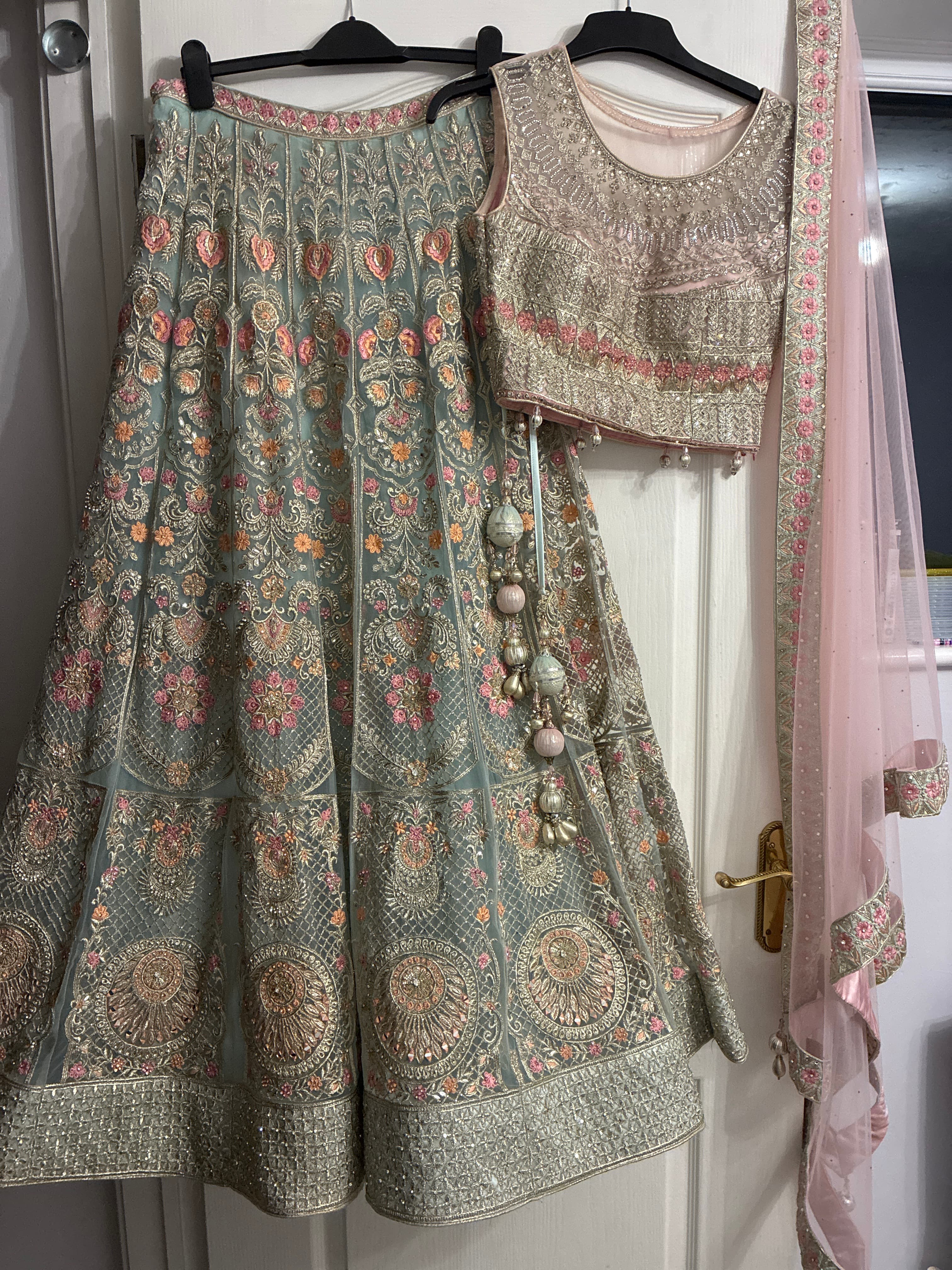Stunning Sage Green & Pink Embroidered Lehenga Choli with Dupatta