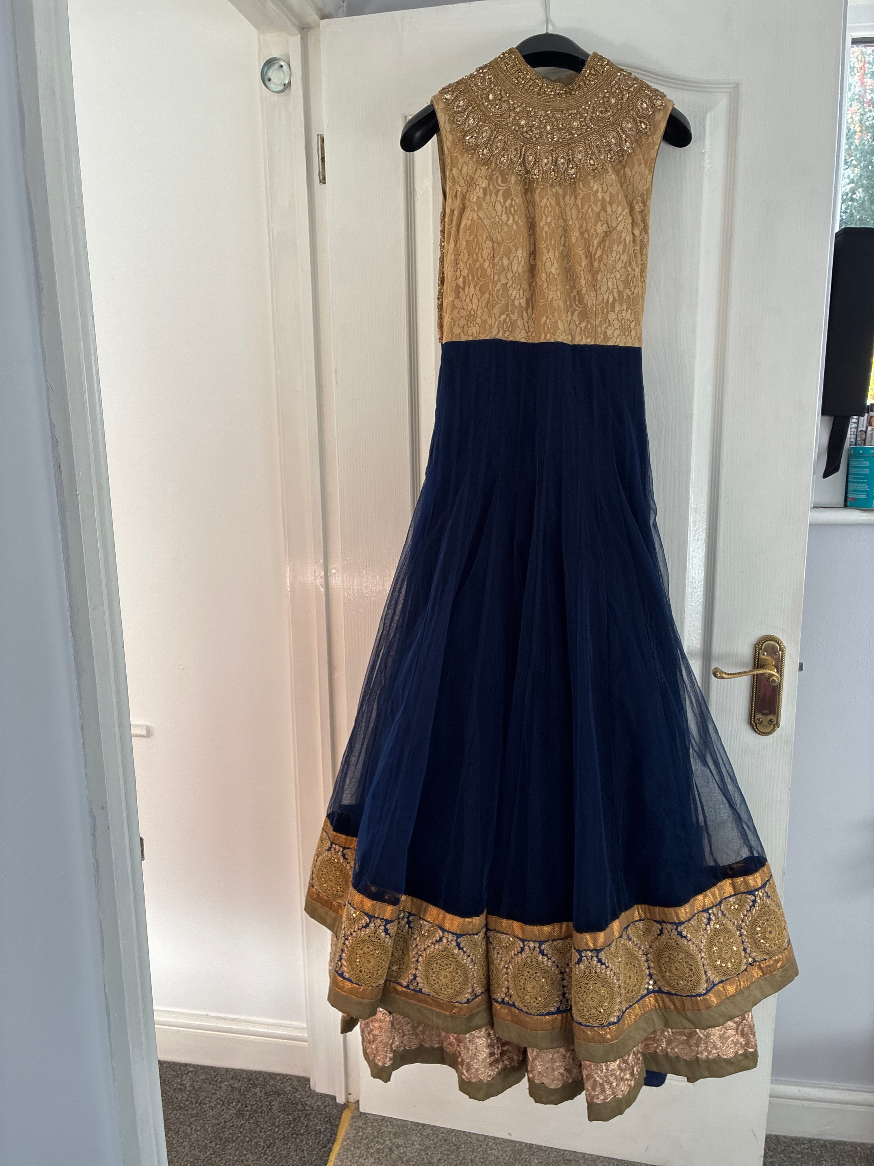 Elegant Navy Blue & Gold Anarkali Suit with Intricate Embroidery