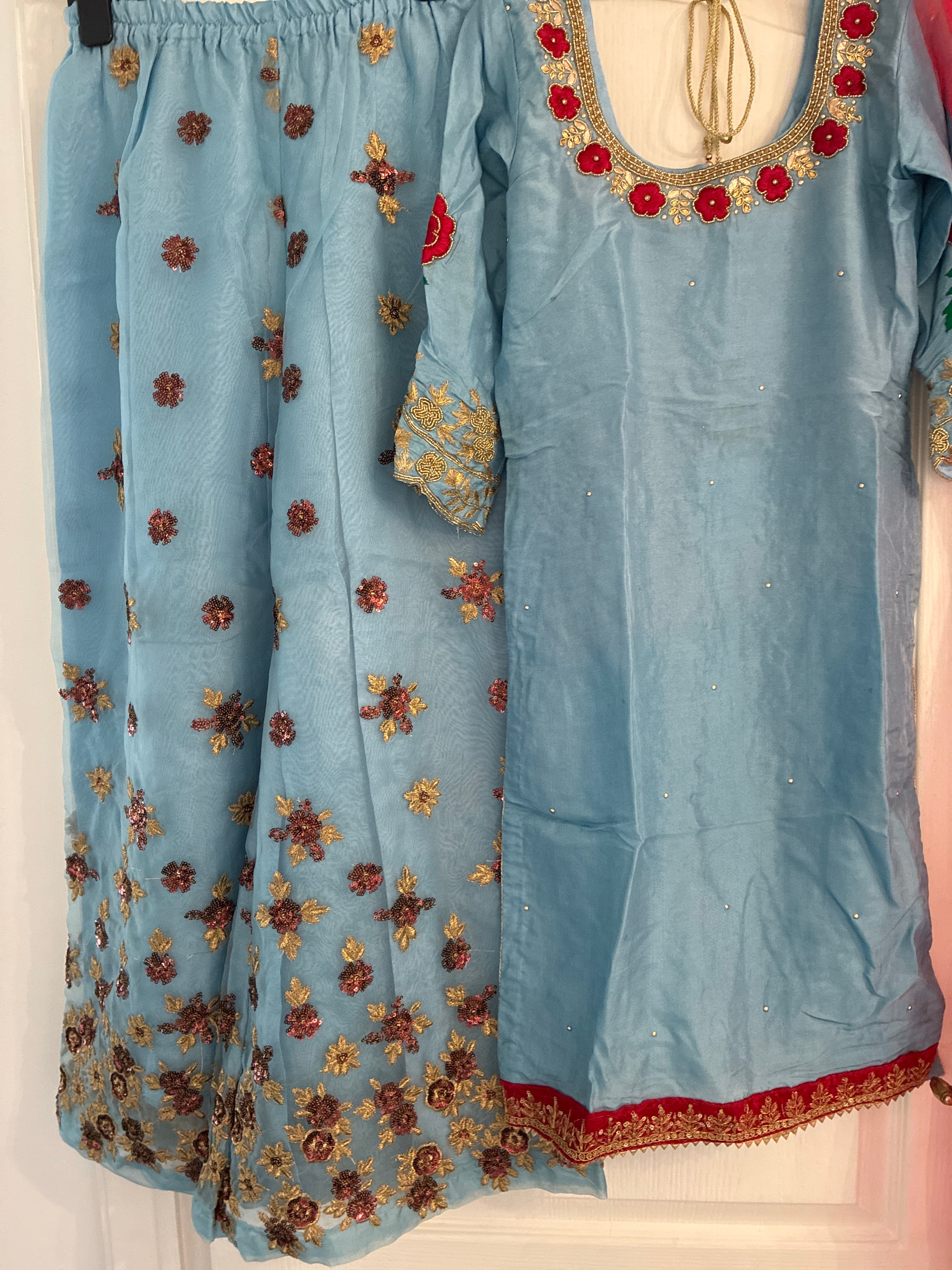 Sky Blue Sharara Suit with Red and Gold Embroidery
