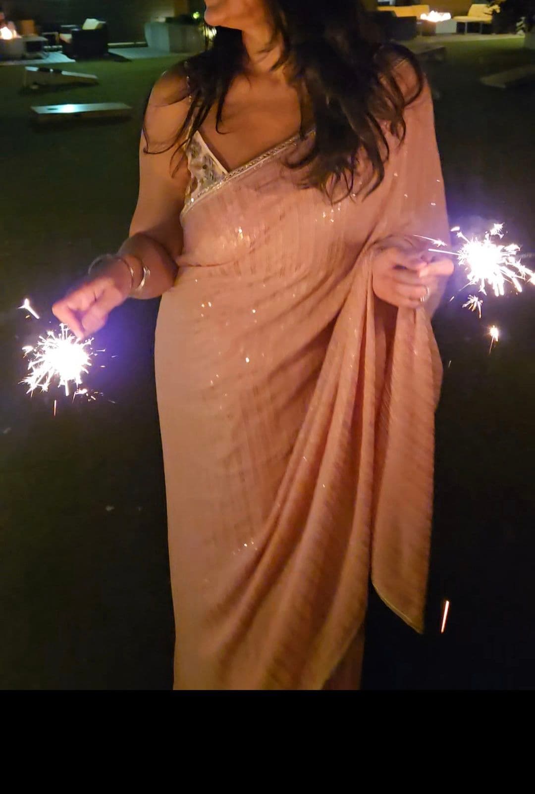 Baby Pink Pre-Draped Sequin Saree + Forever 21 crop top