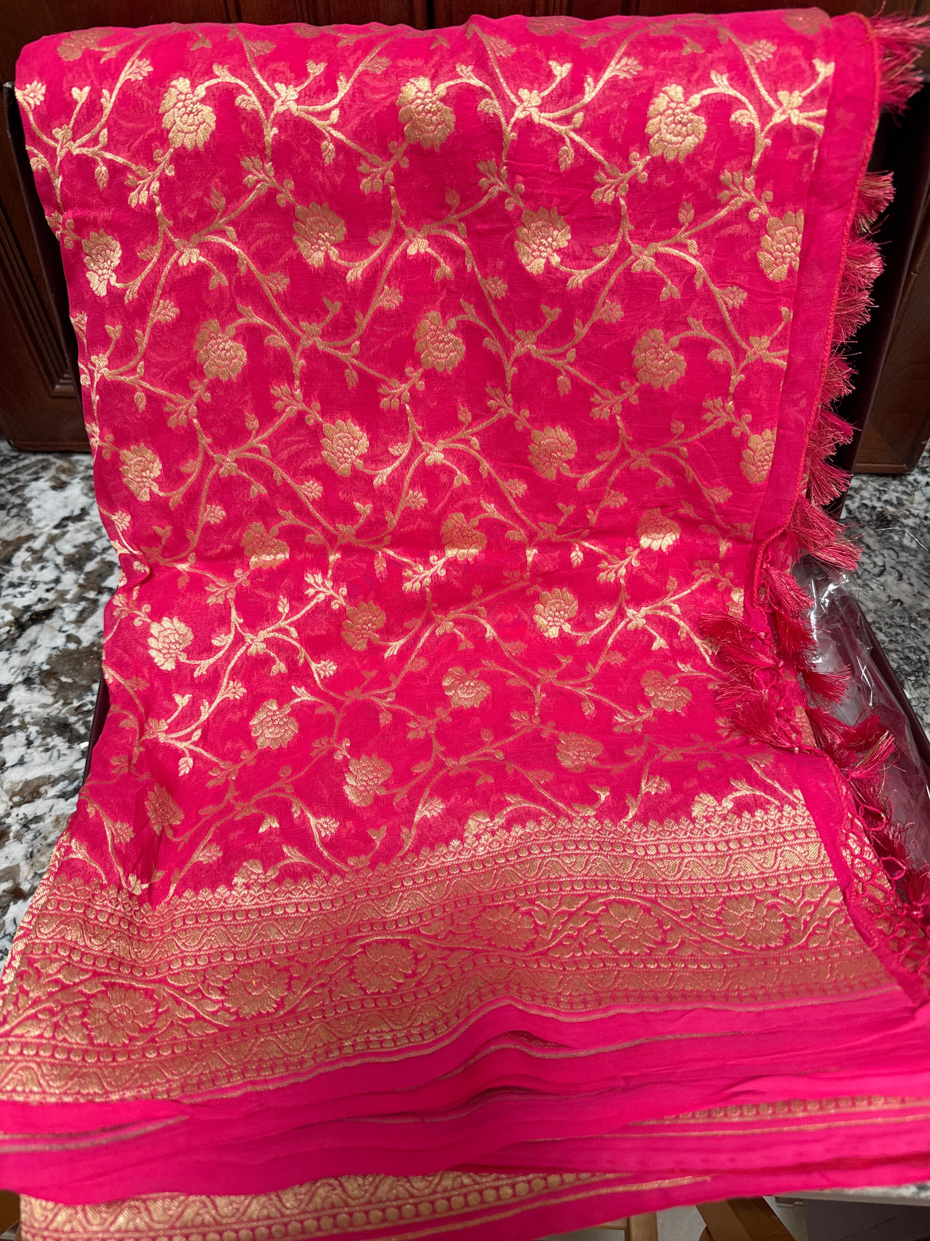 Vibrant Pink Banarasi Silk Saree from Sacred Weave with Gold Zari Weave