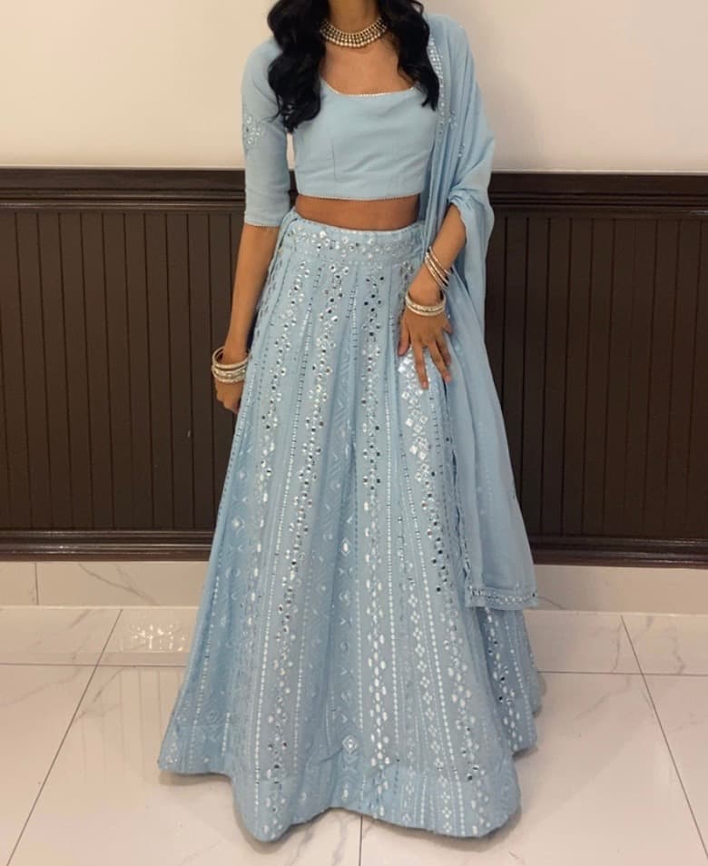 Elegant Sky Blue Mirror Work Lehenga Choli Set