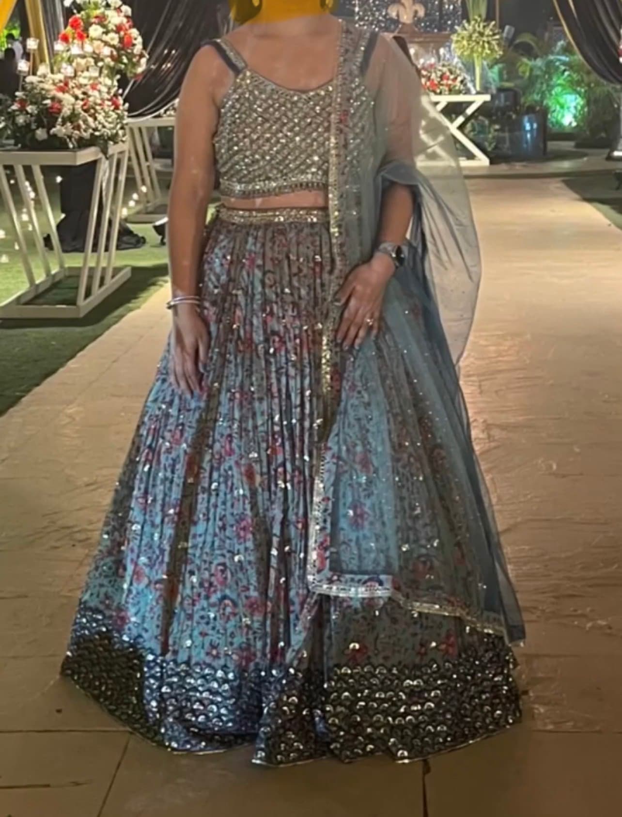 Stunning Delhi based designer Teal Floral Lehenga with Sequin Embellishments and Net Dupatta