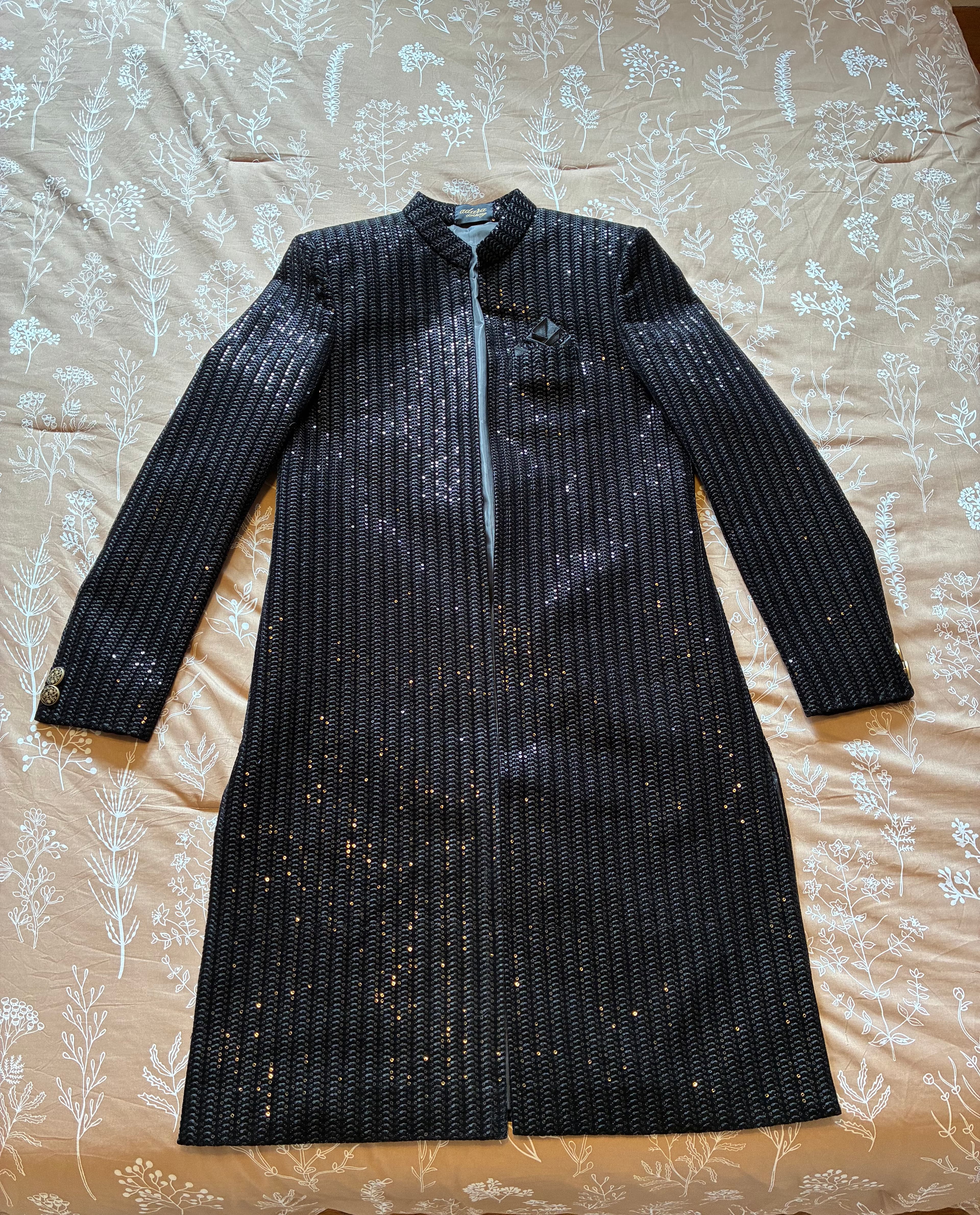 Elegant Black Sequin Sherwani with Matching Kurta and Trousers - Perfect for Weddings