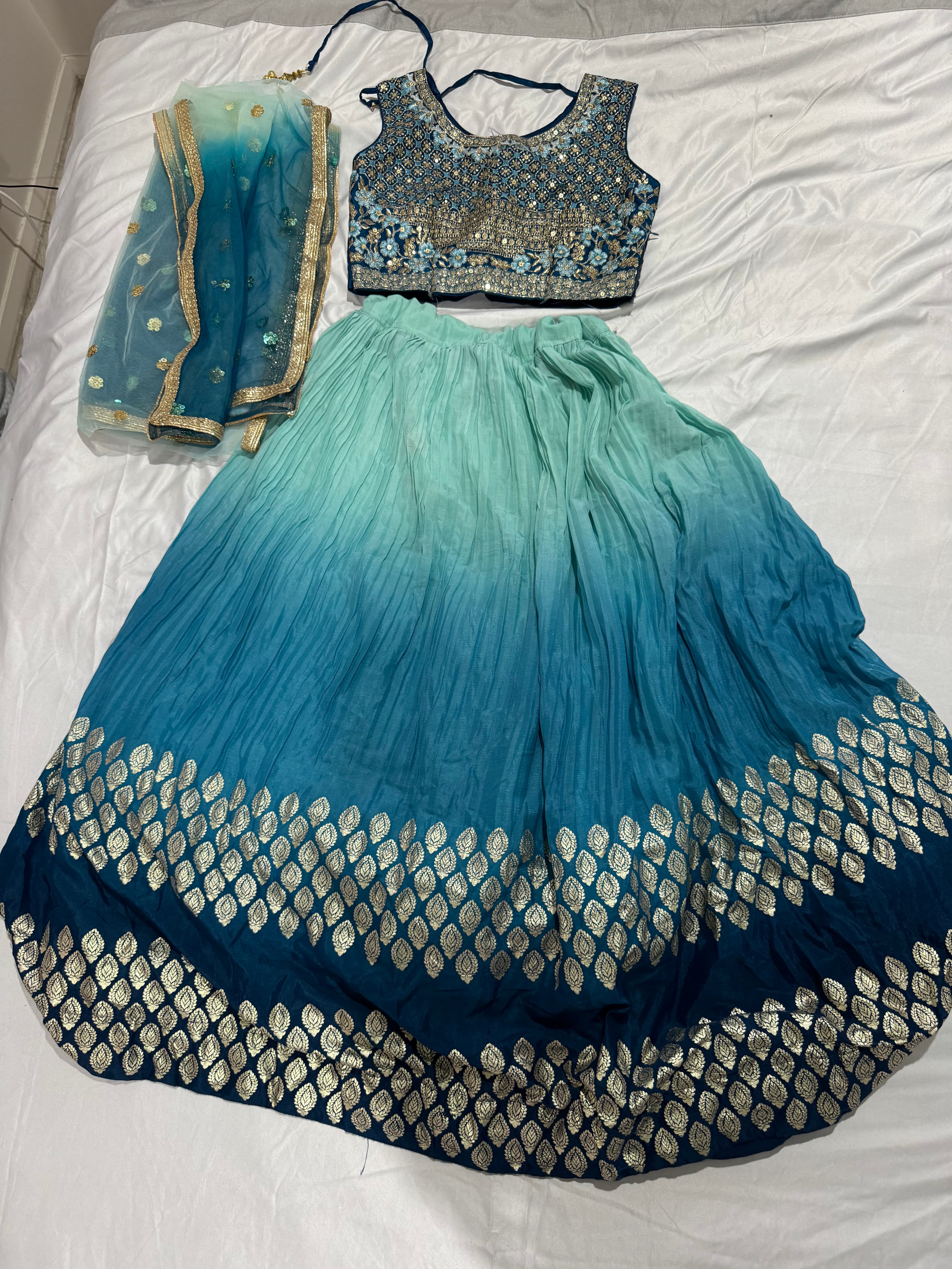Ombre Blue & Teal Lehenga with Sequin Embroidered Blouse and Gota Patti Skirt