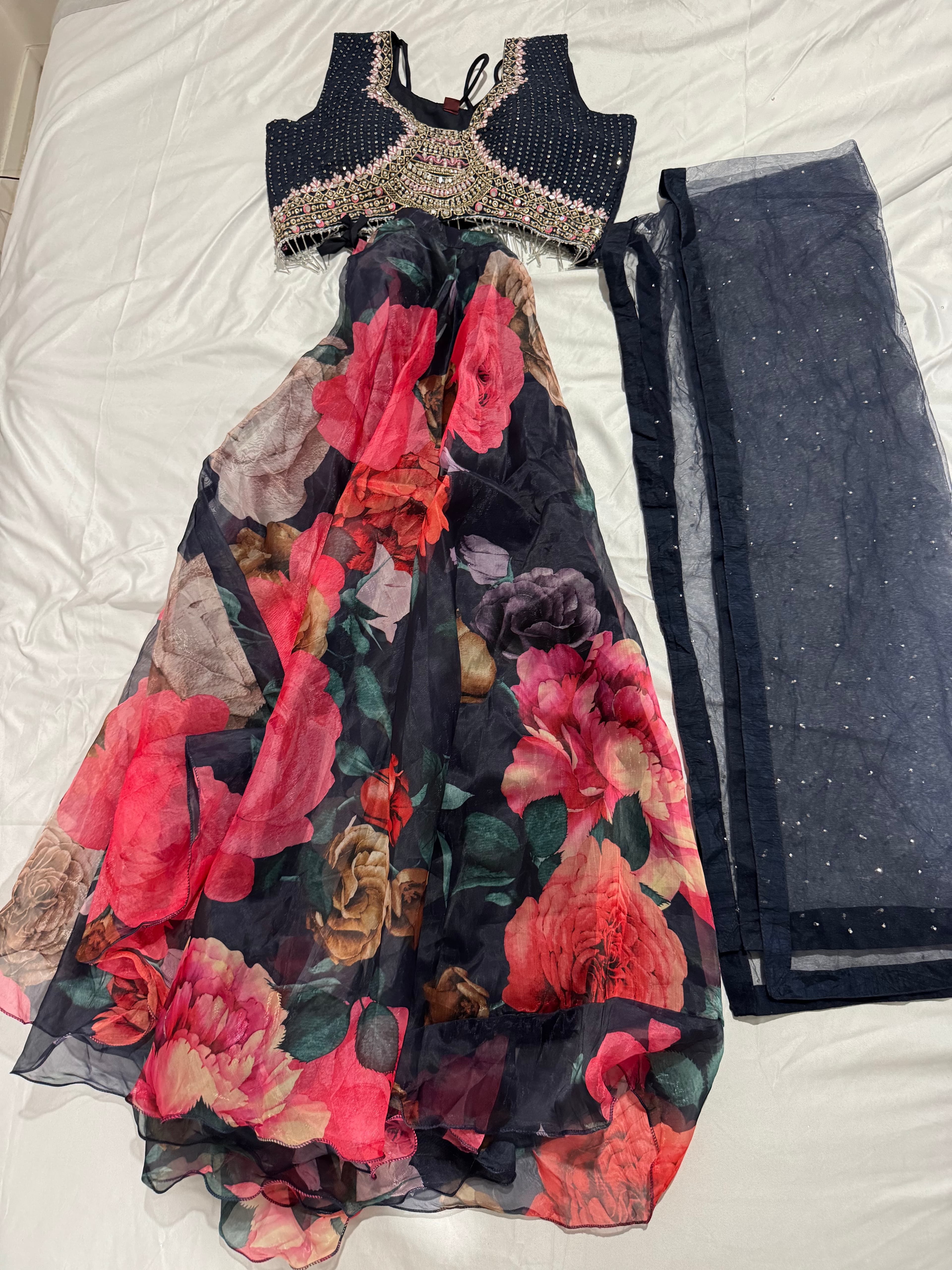 Stunning Navy Floral Lehenga with Embellished Blouse and Net Dupatta