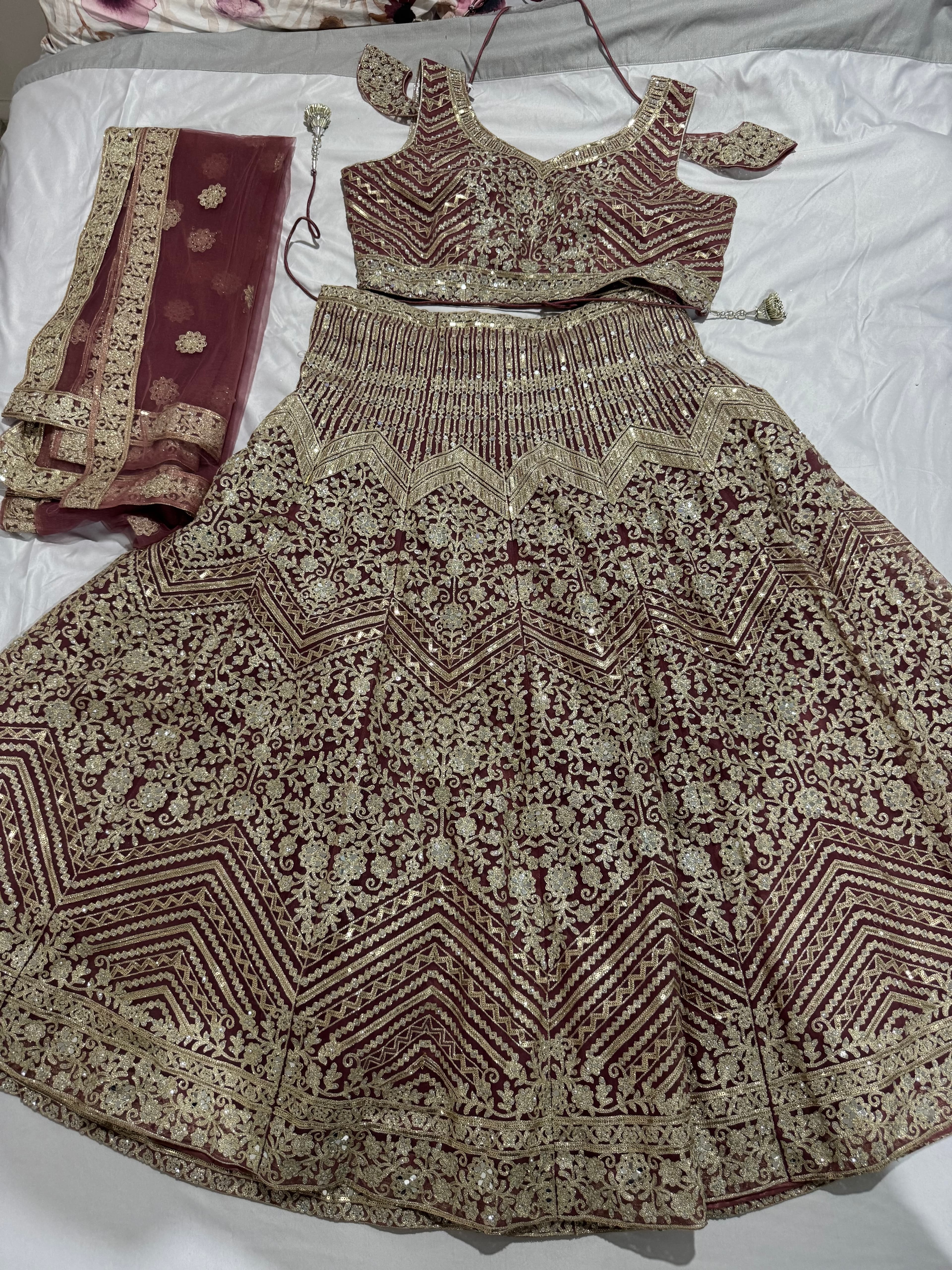 Stunning Maroon & Gold Embroidered Lehenga Choli with Dupatta