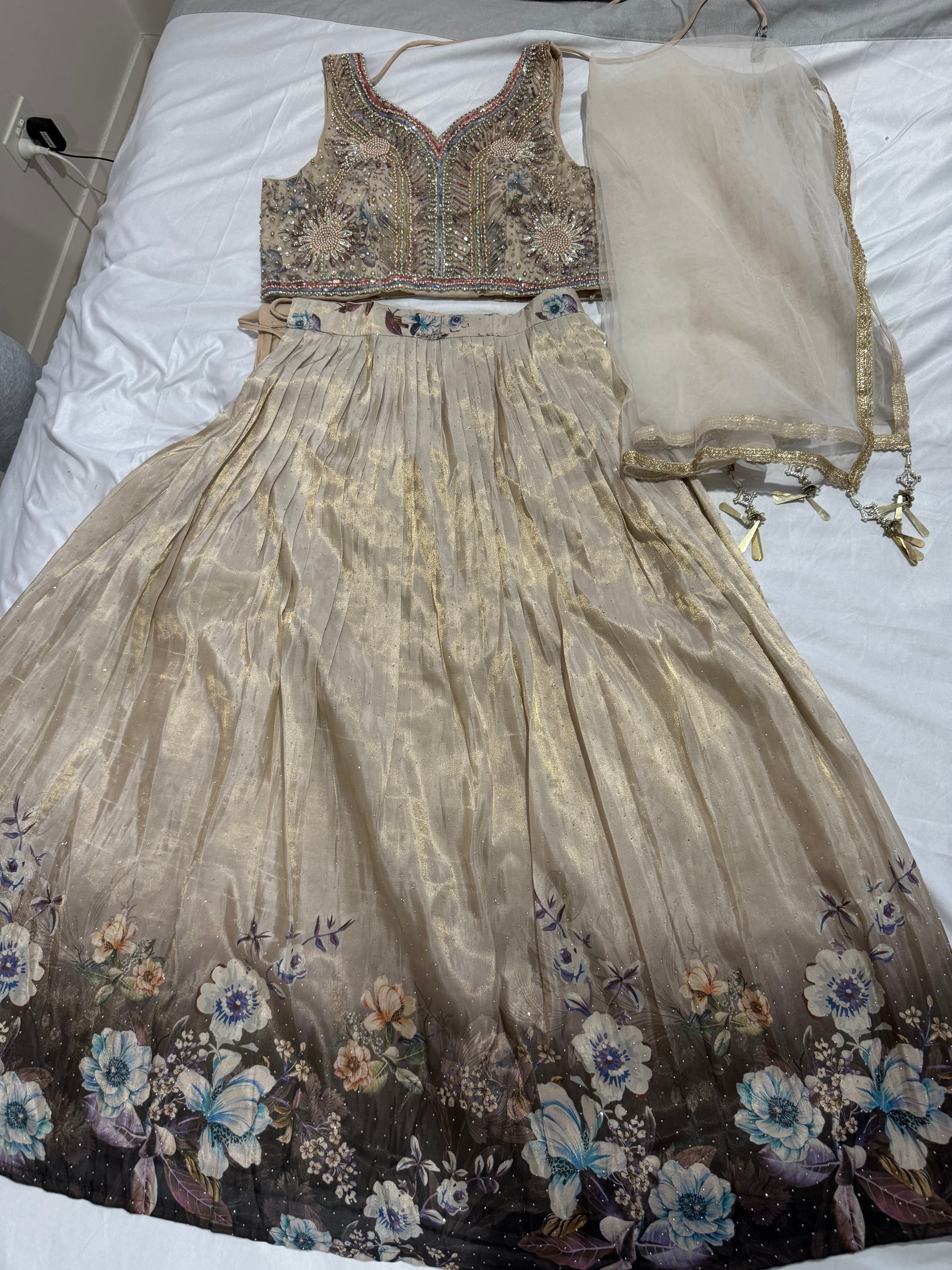 Elegant Beige Floral Lehenga with Embellished Blouse and Dupatta