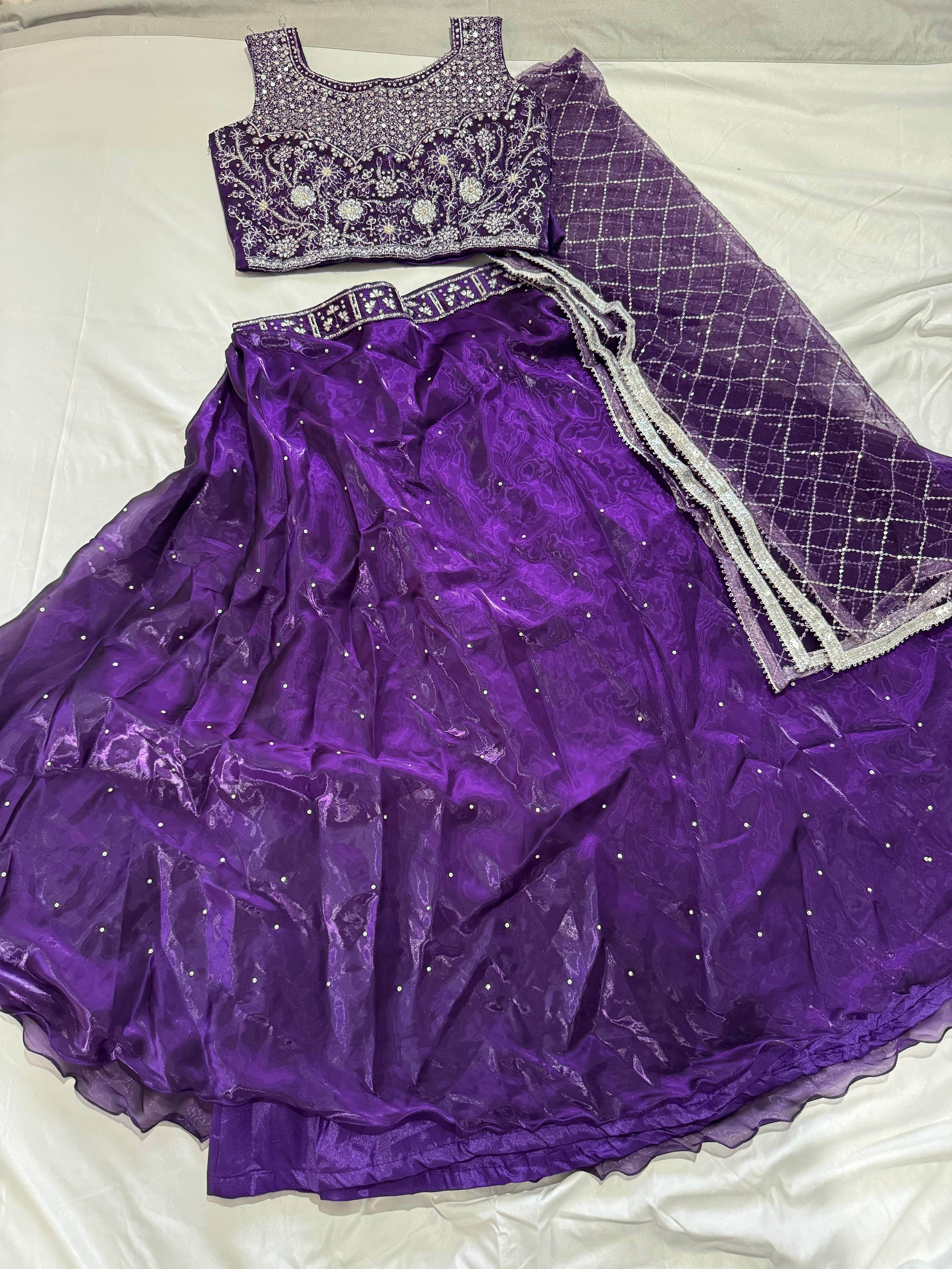 Stunning Purple Organza Lehenga with Intricate Silver Sequin and Thread Work Blouse and Dupatta