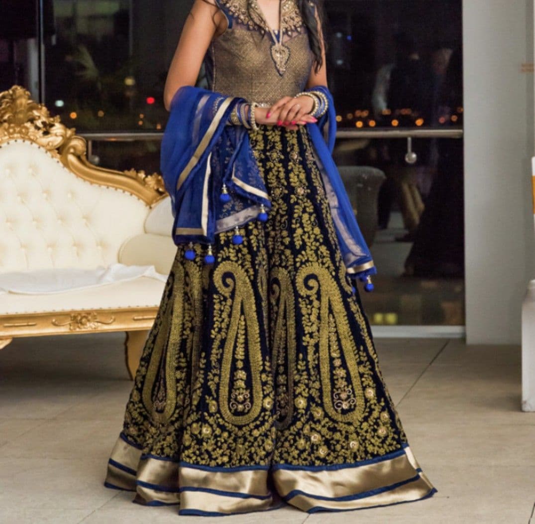 Stunning Navy Blue Velvet one piece Gown with Gold Zardozi Embroidery and Royal Blue Dupatta