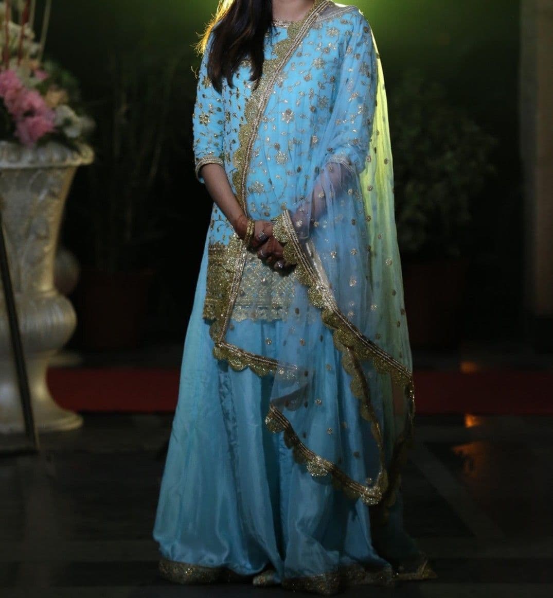 Elegant Sky Blue Sharara Suit with Gold Zari and Sequin Work
