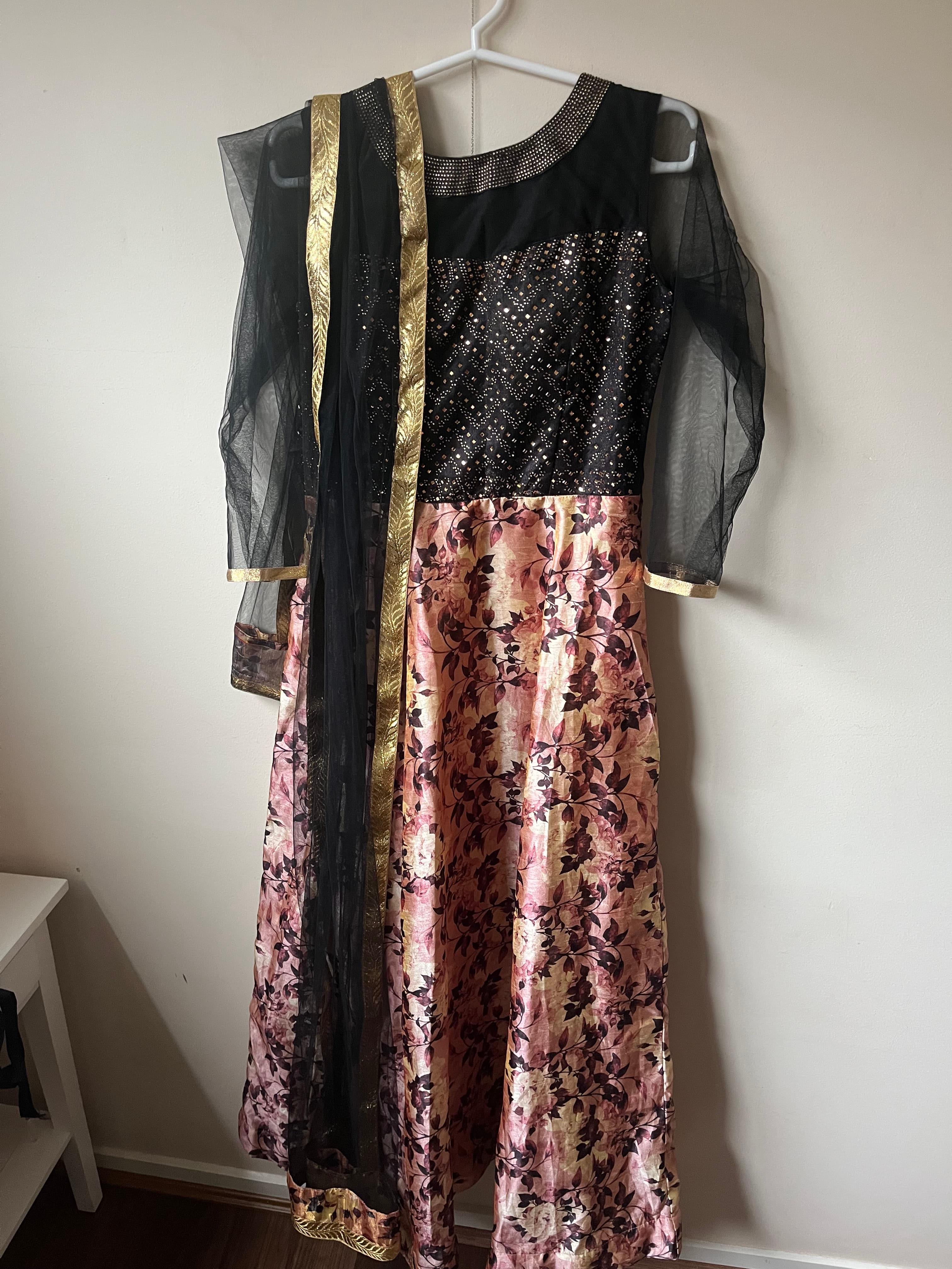Elegant Black & Pink Floral Anarkali Suit with Sequin Bodice and Net Dupatta