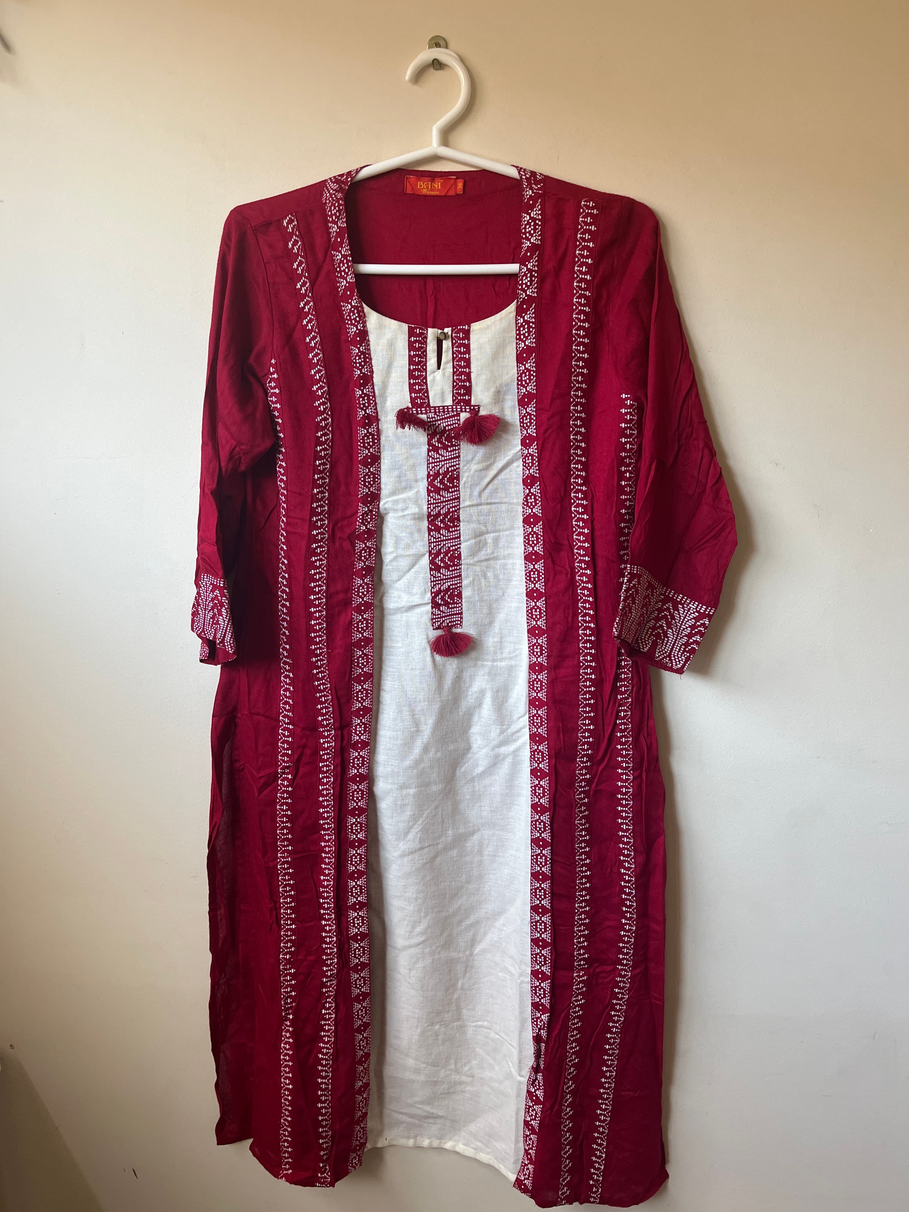 Elegant Red & White Embroidered Cotton Suit Set with Tassels