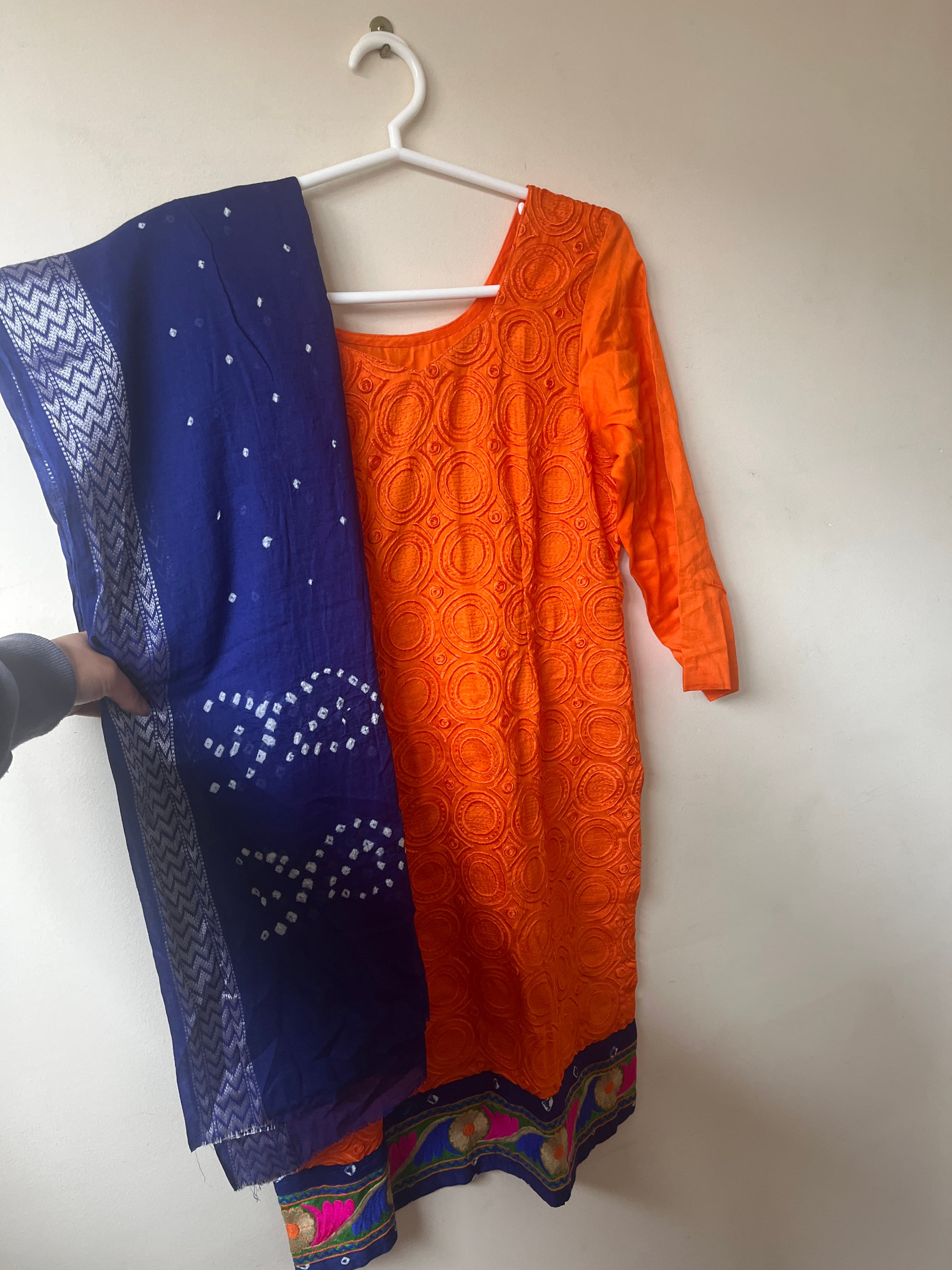 Vibrant Orange & Blue Bandhani Suit Set with Embroidered Hem