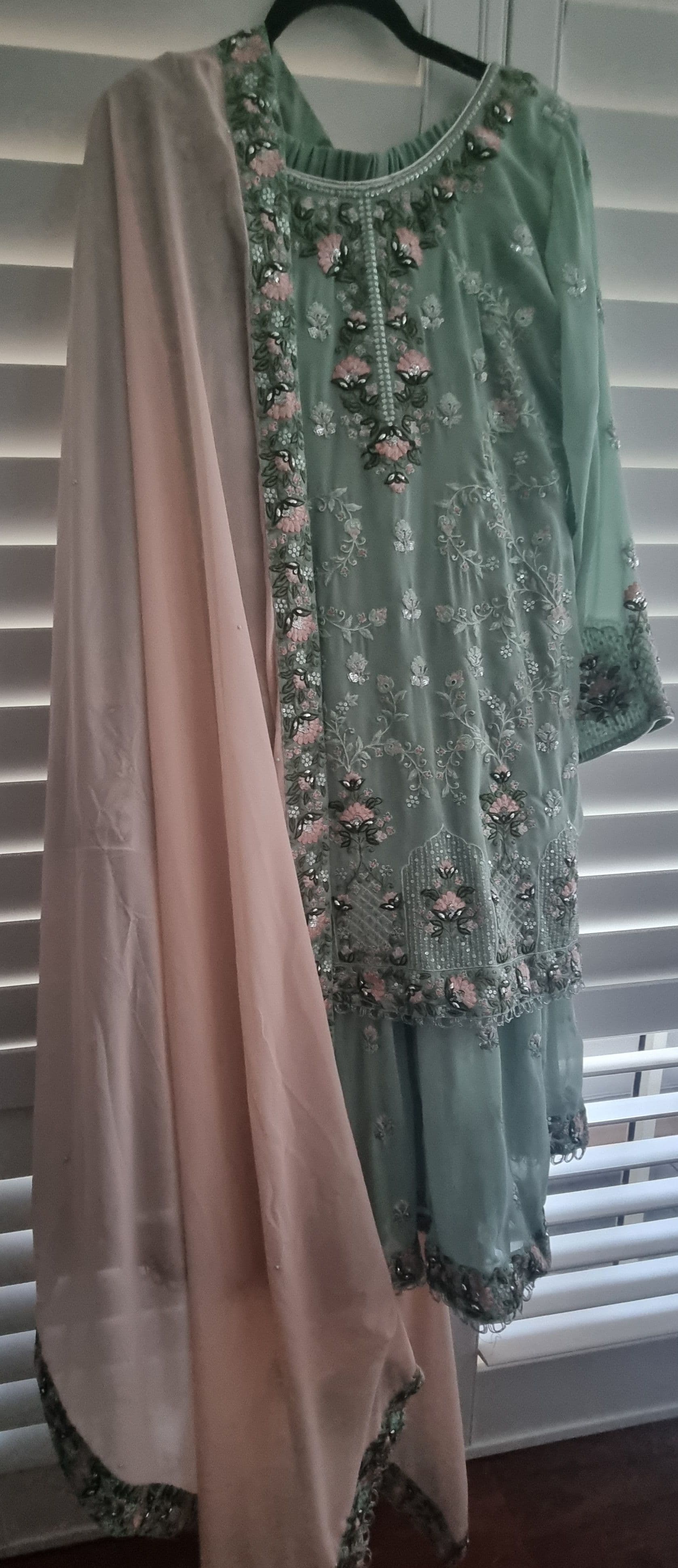Elegant Mint Green Embroidered Sharara Suit with Pink Dupatta
