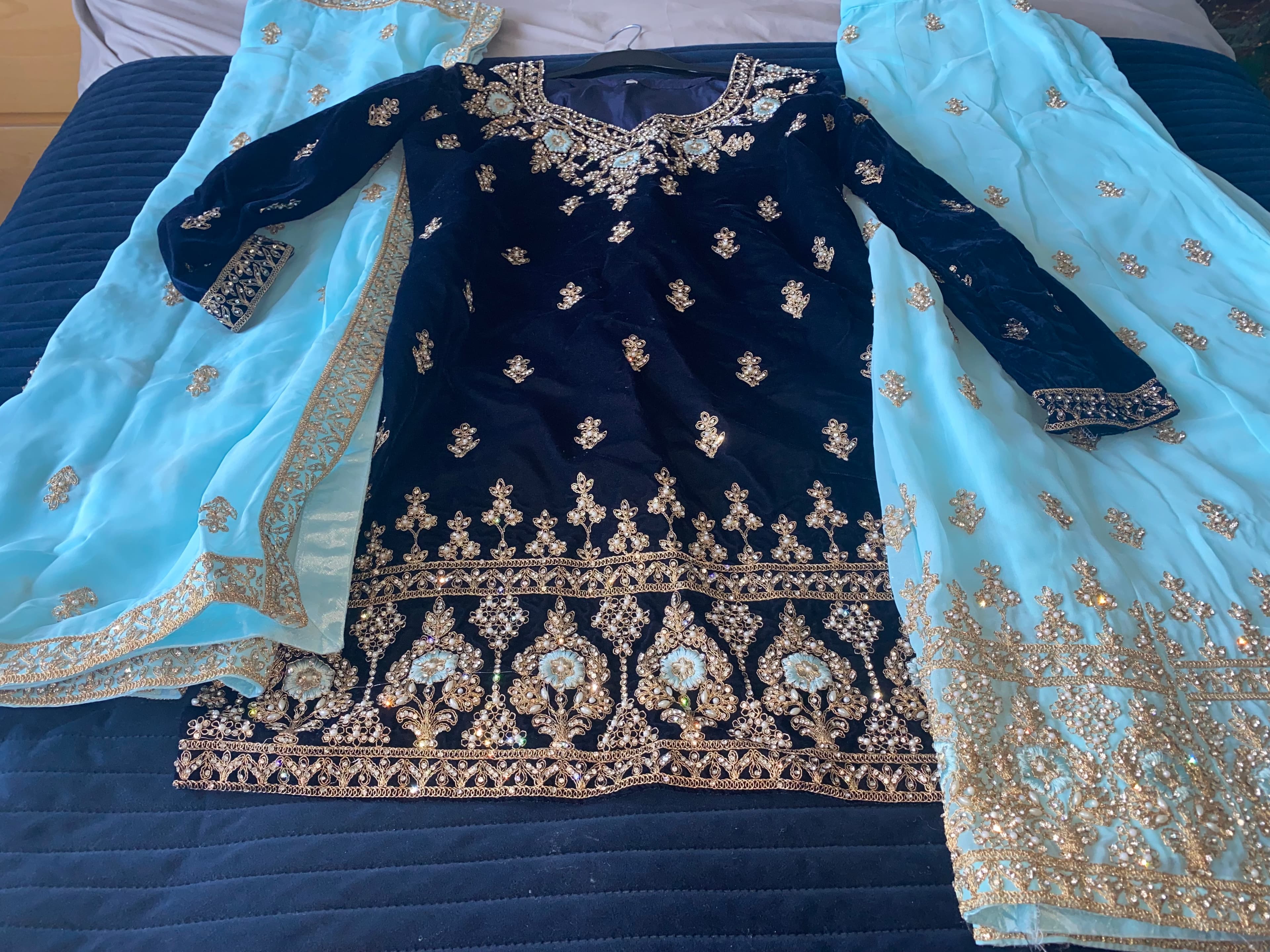 Elegant Navy Blue Velvet Suit with Aqua Blue Dupatta and Gold Embroidery