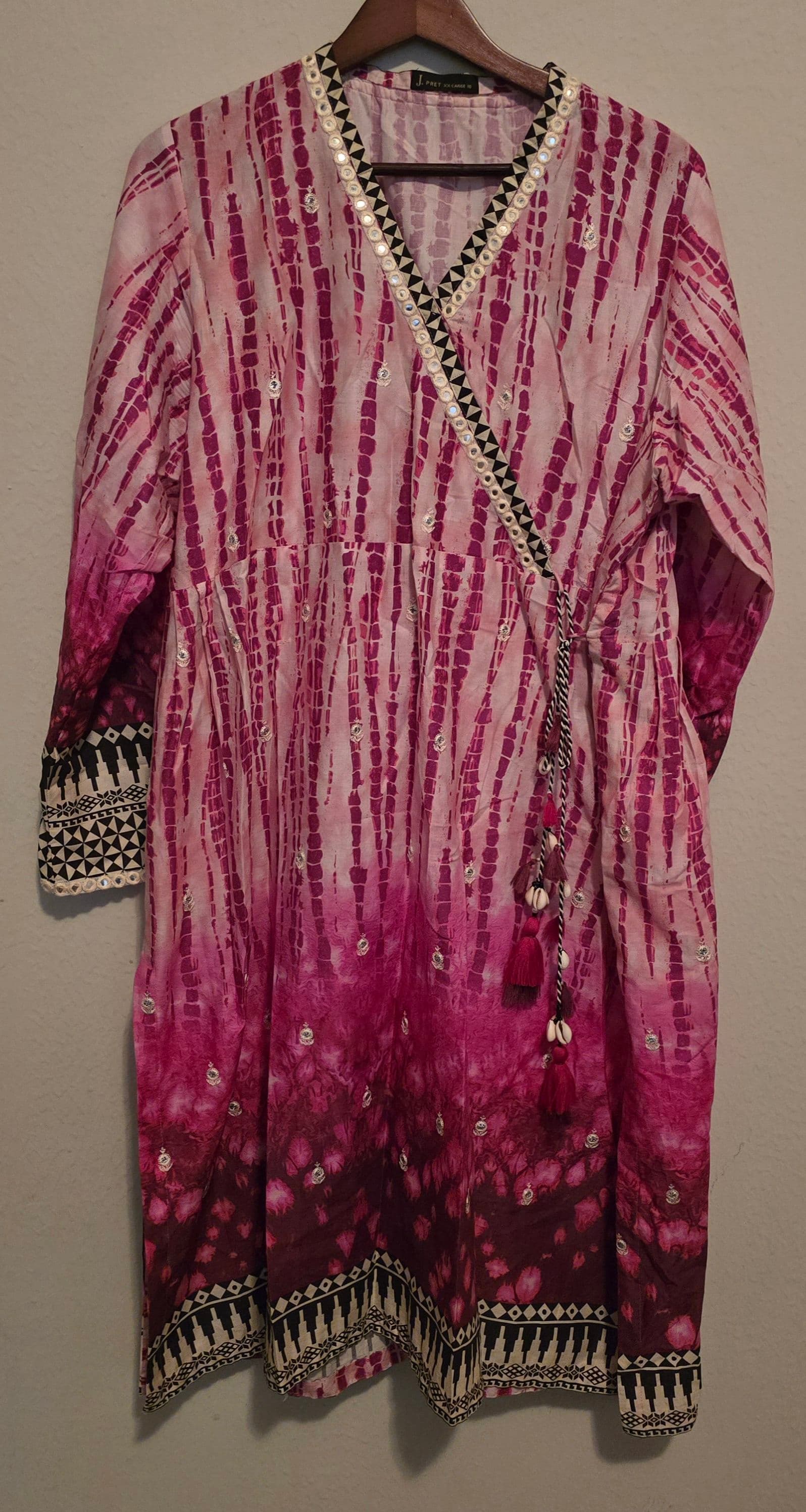 J. Junaid Jamshed Pink Tie-Dye Angrakha Style Kurta with Mirror Work