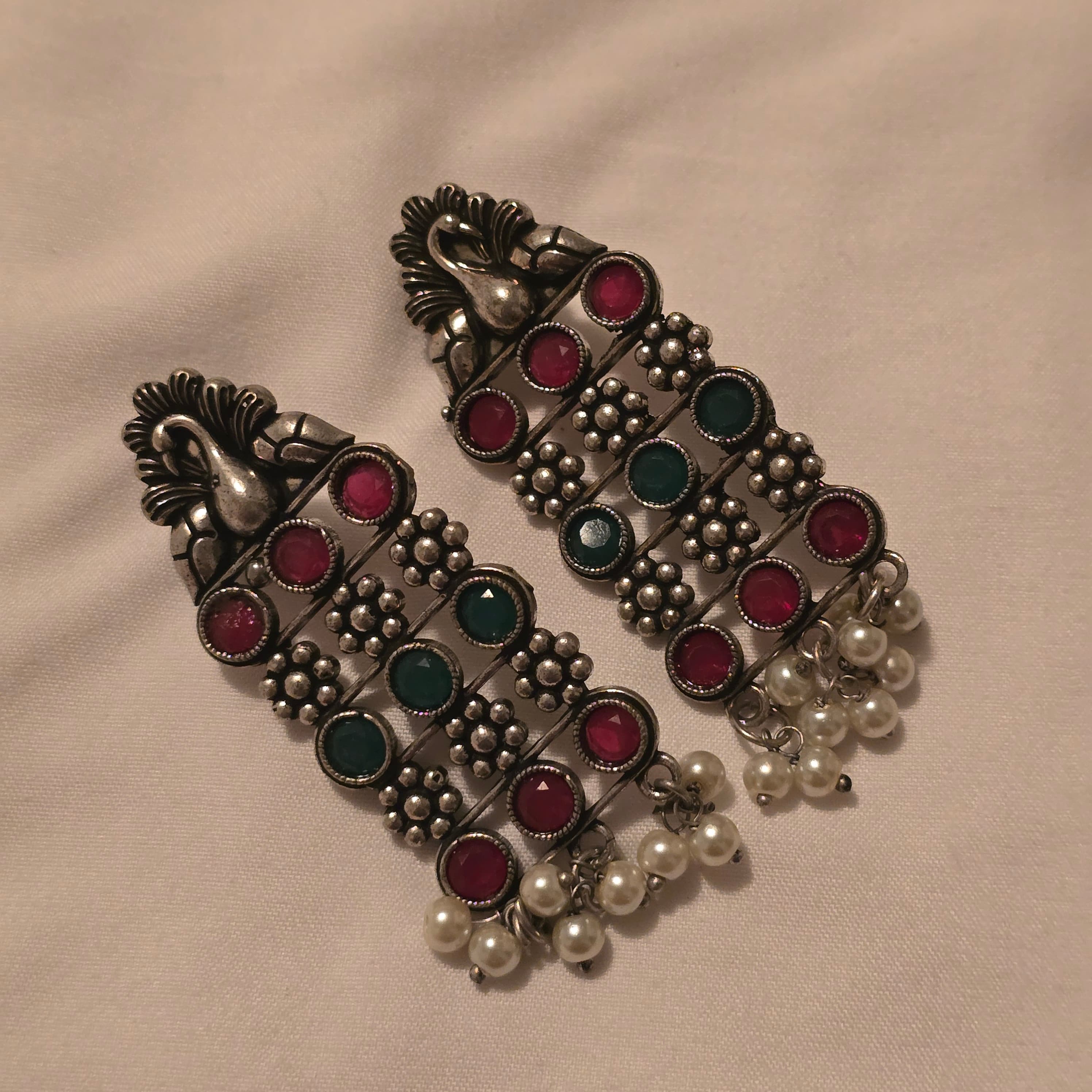 Silver Tone Oxidized Dangle Earrings Pink Green