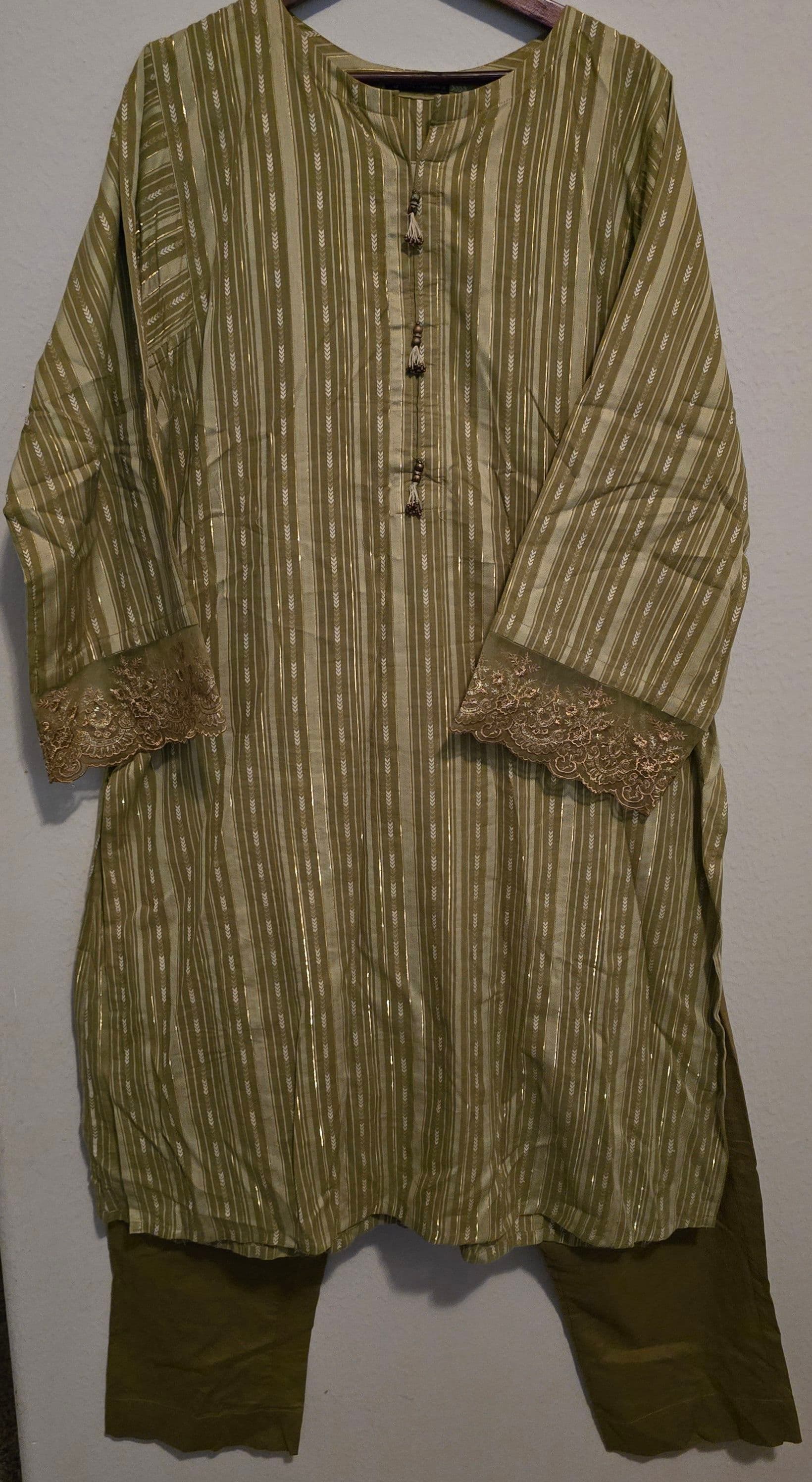 J. Junaid Jamshed Olive Green Striped Kurta with Embroidered Cuffs and Matching Trousers/Duppata