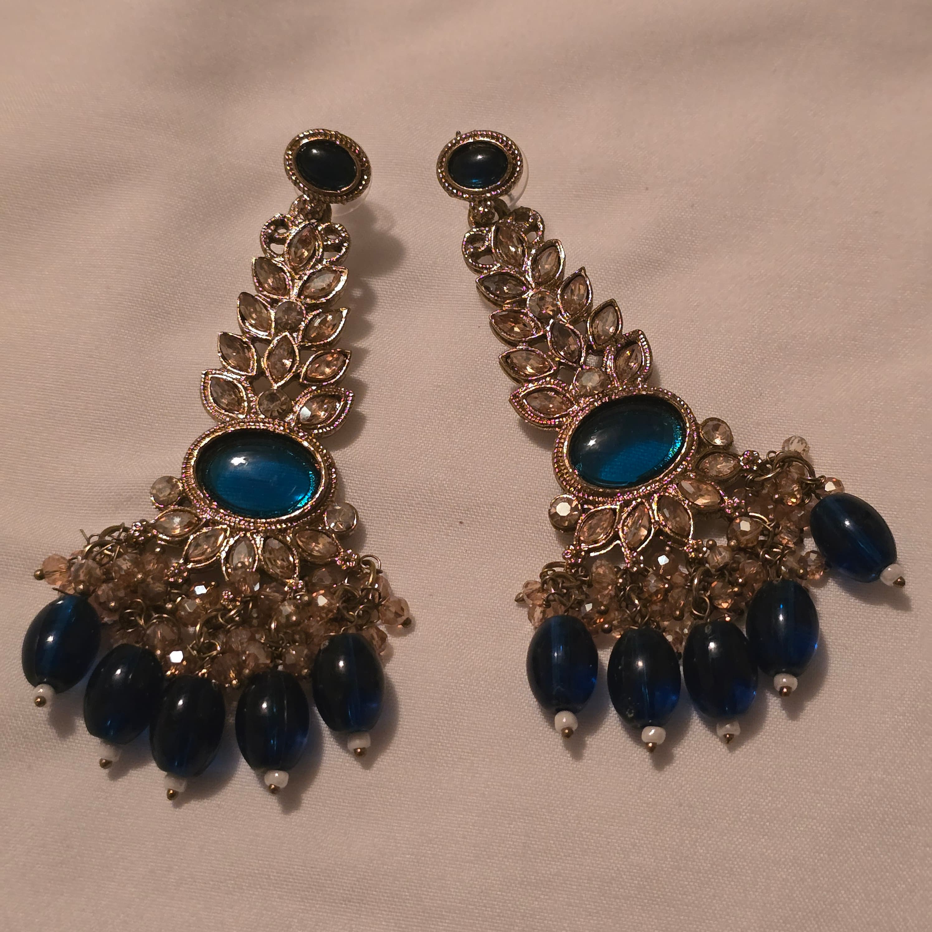 Gold Tone Blue Glass Beaded Earrings