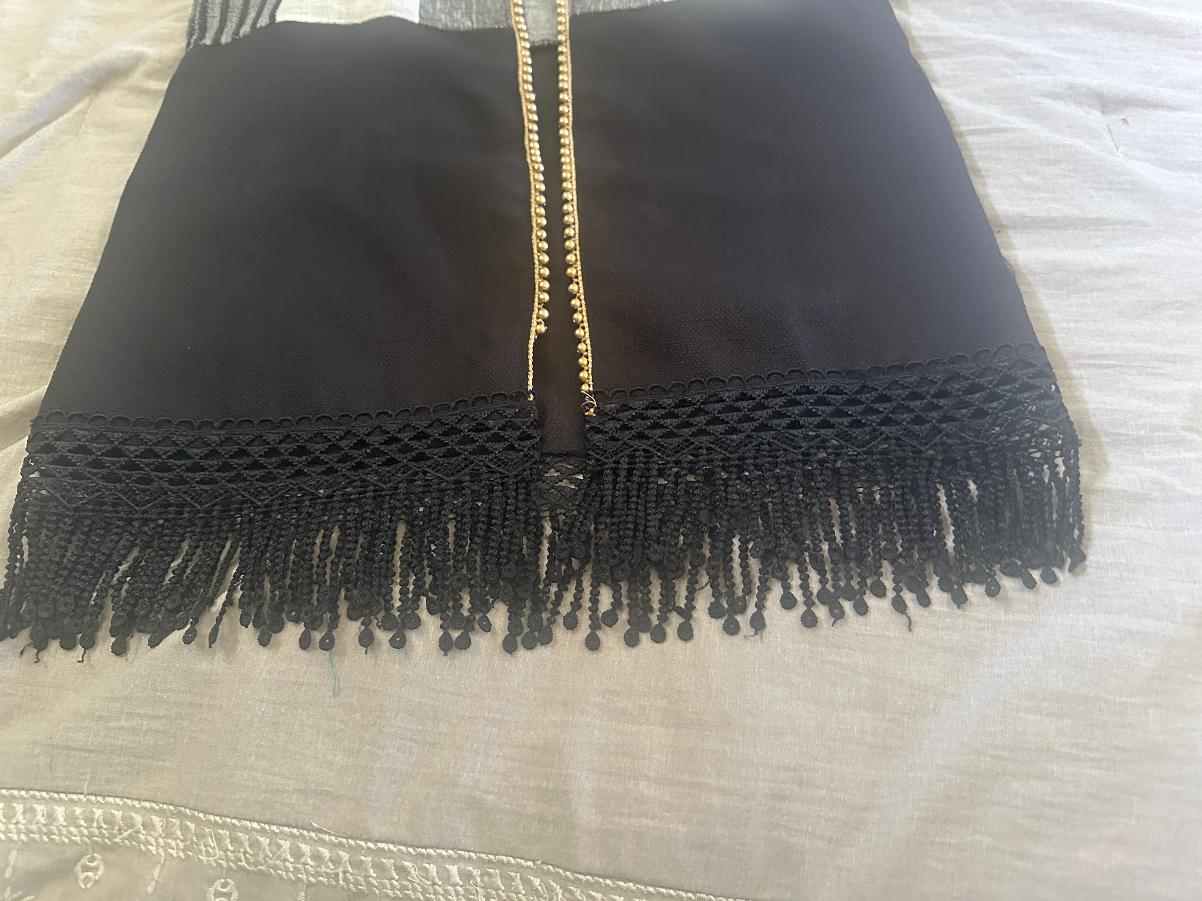 Stylish Black & Grey Hooded Indowestern Top with Gold Beaded Trim and Fringe Detail