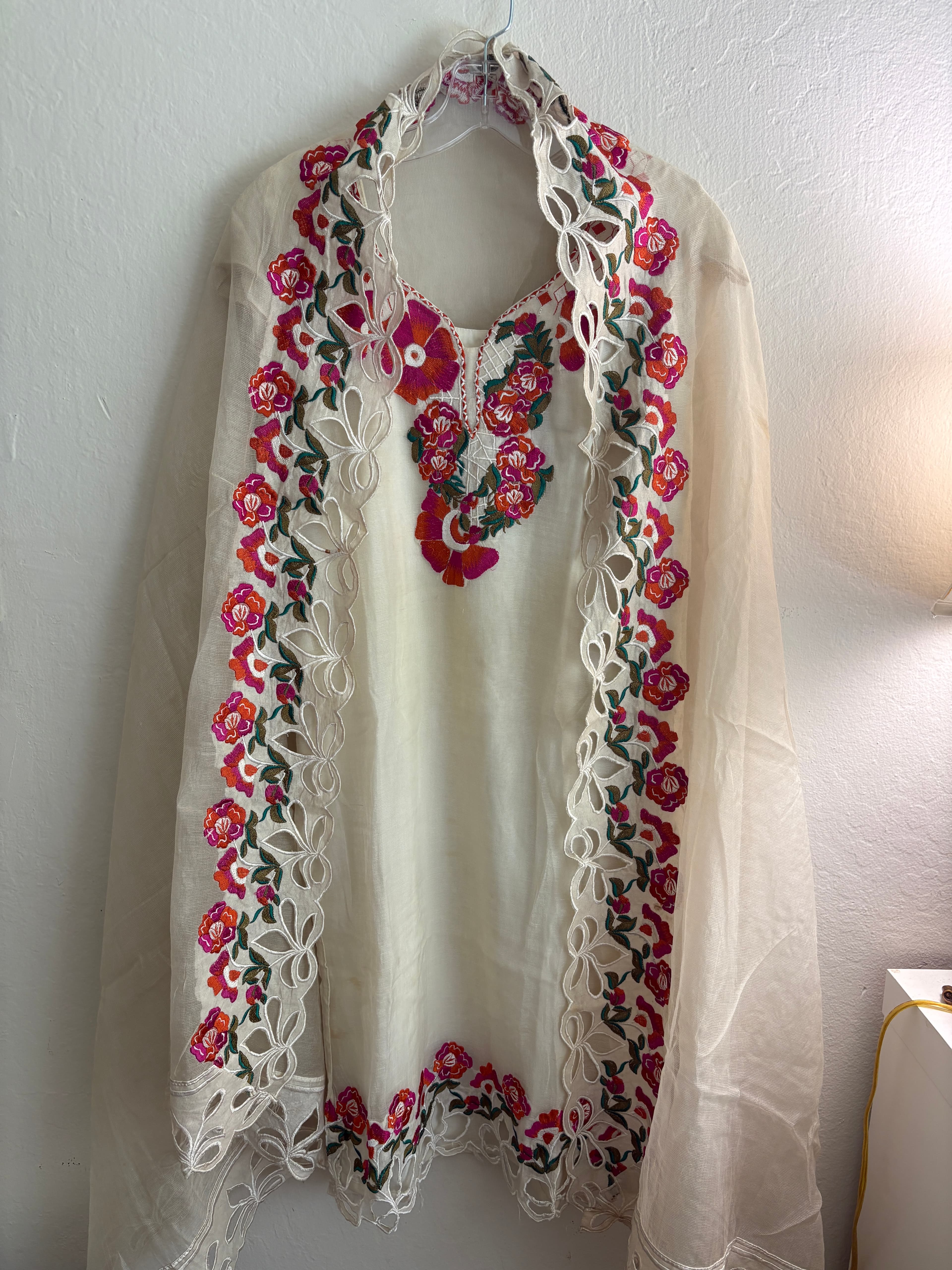 Elegant Cream Organza Suit with Vibrant Floral Thread Embroidery