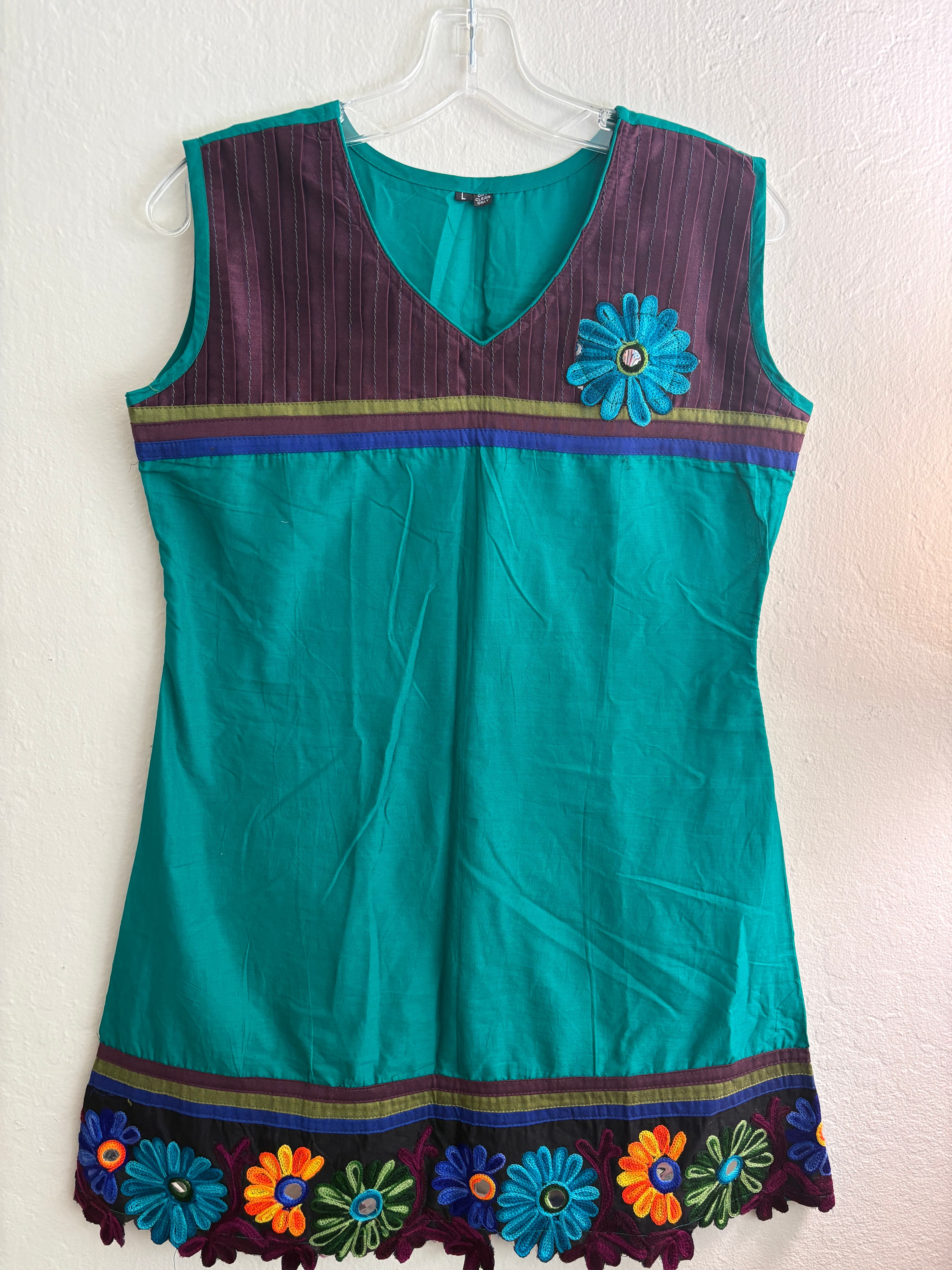 Vibrant Teal & Purple Sleeveless Tunic with Floral Mirror Work