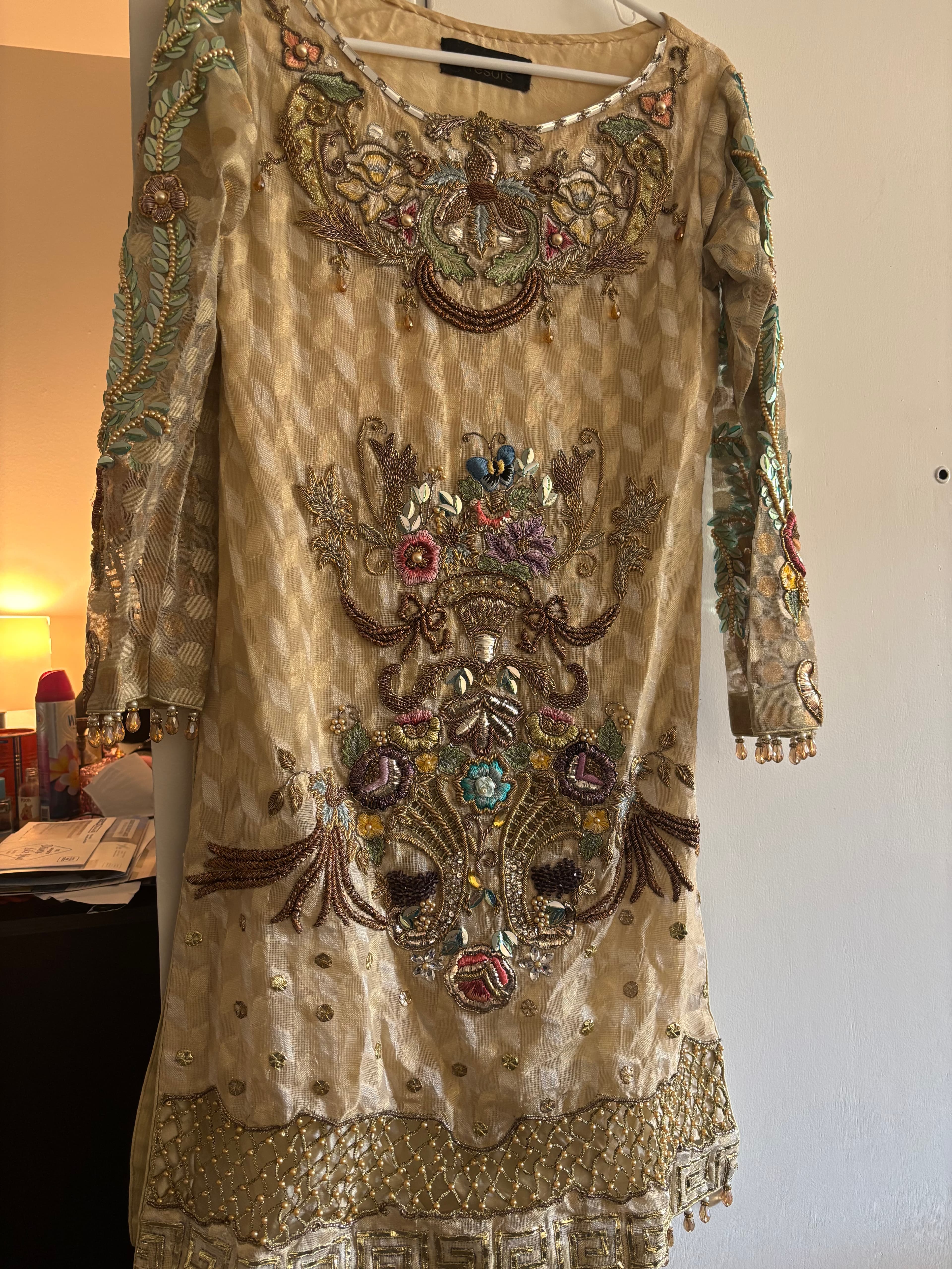 Elegant Gold Embroidered Pakistani Style Kurta/Tunic with Intricate Zardozi and Pearl Work