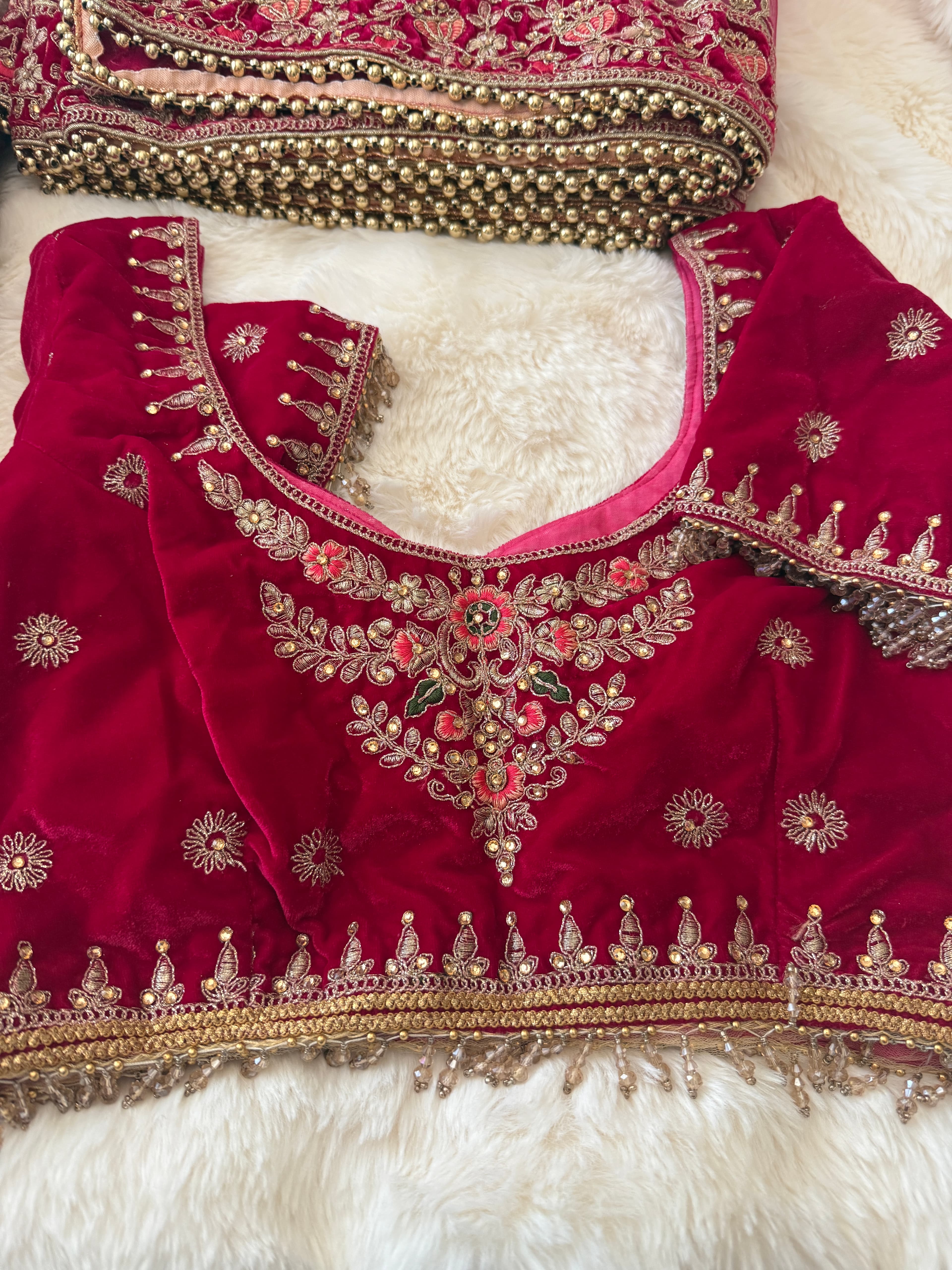 Hot Pink Velvet Embroidered Lehenga Choli Set