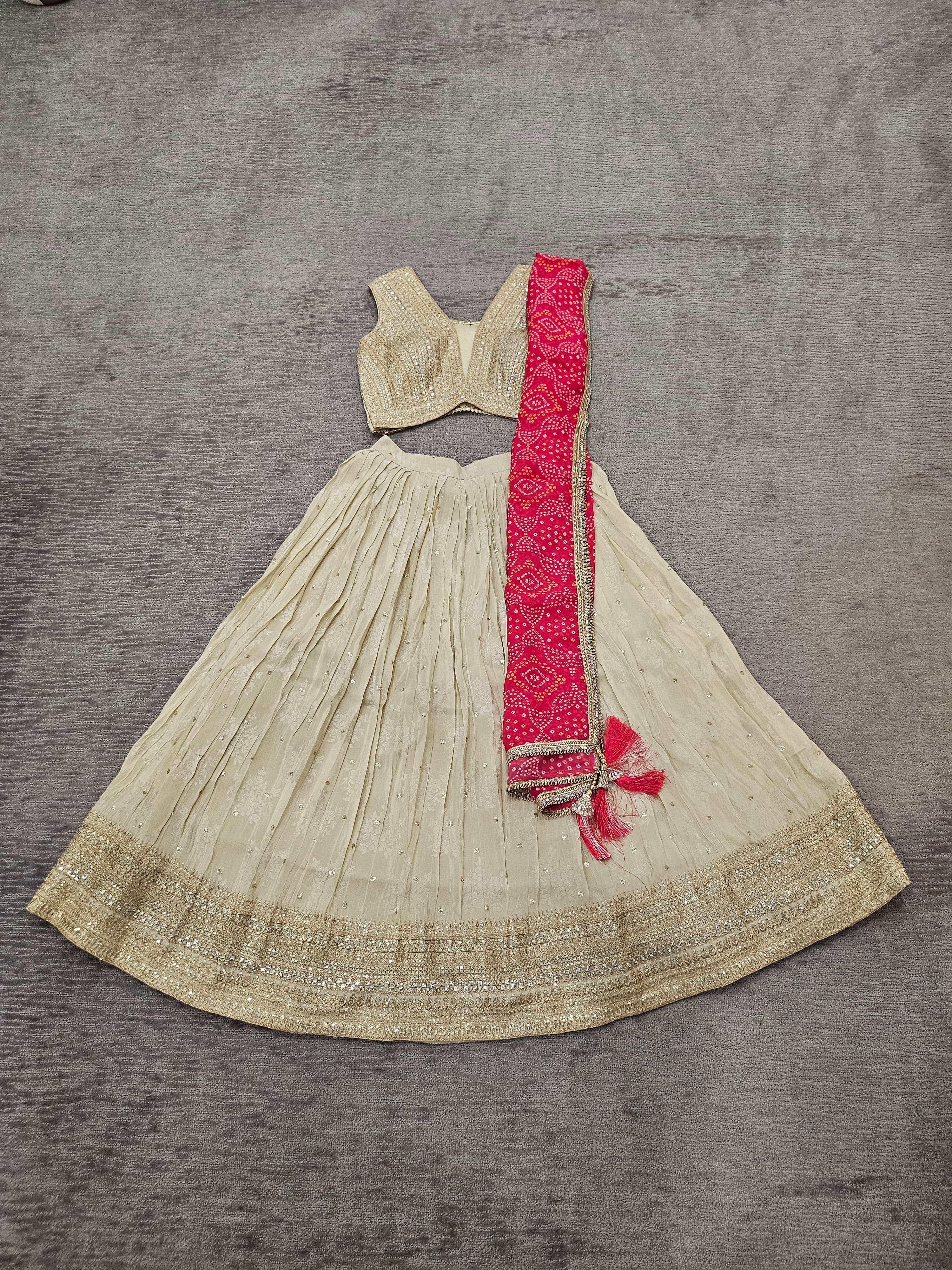 Ivory Silk Lehenga with Embroidered Blouse & Bandhej Dupatta