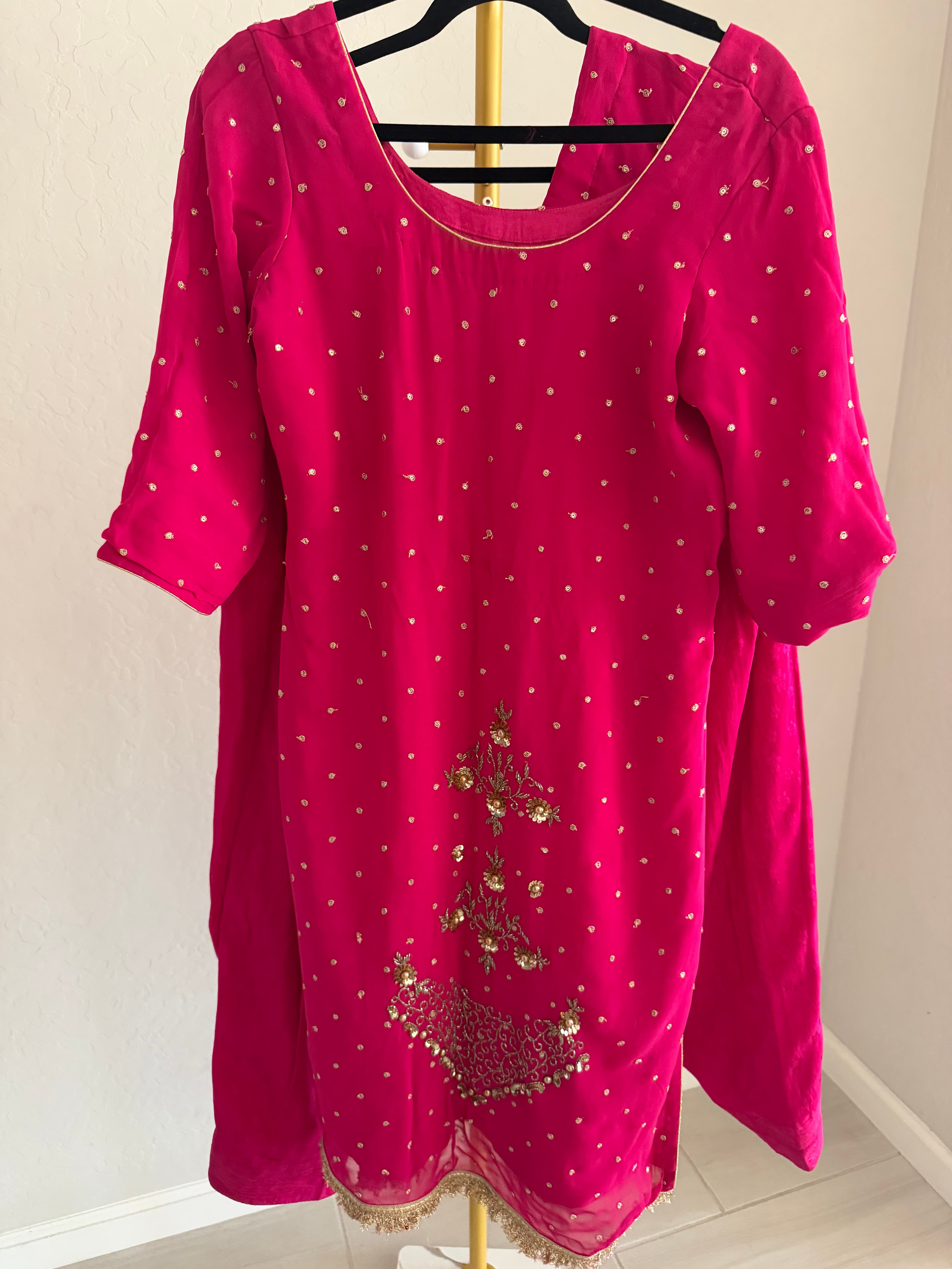 Hot Pink Salwar Suit with Gold Sequin & Thread Work Dupatta