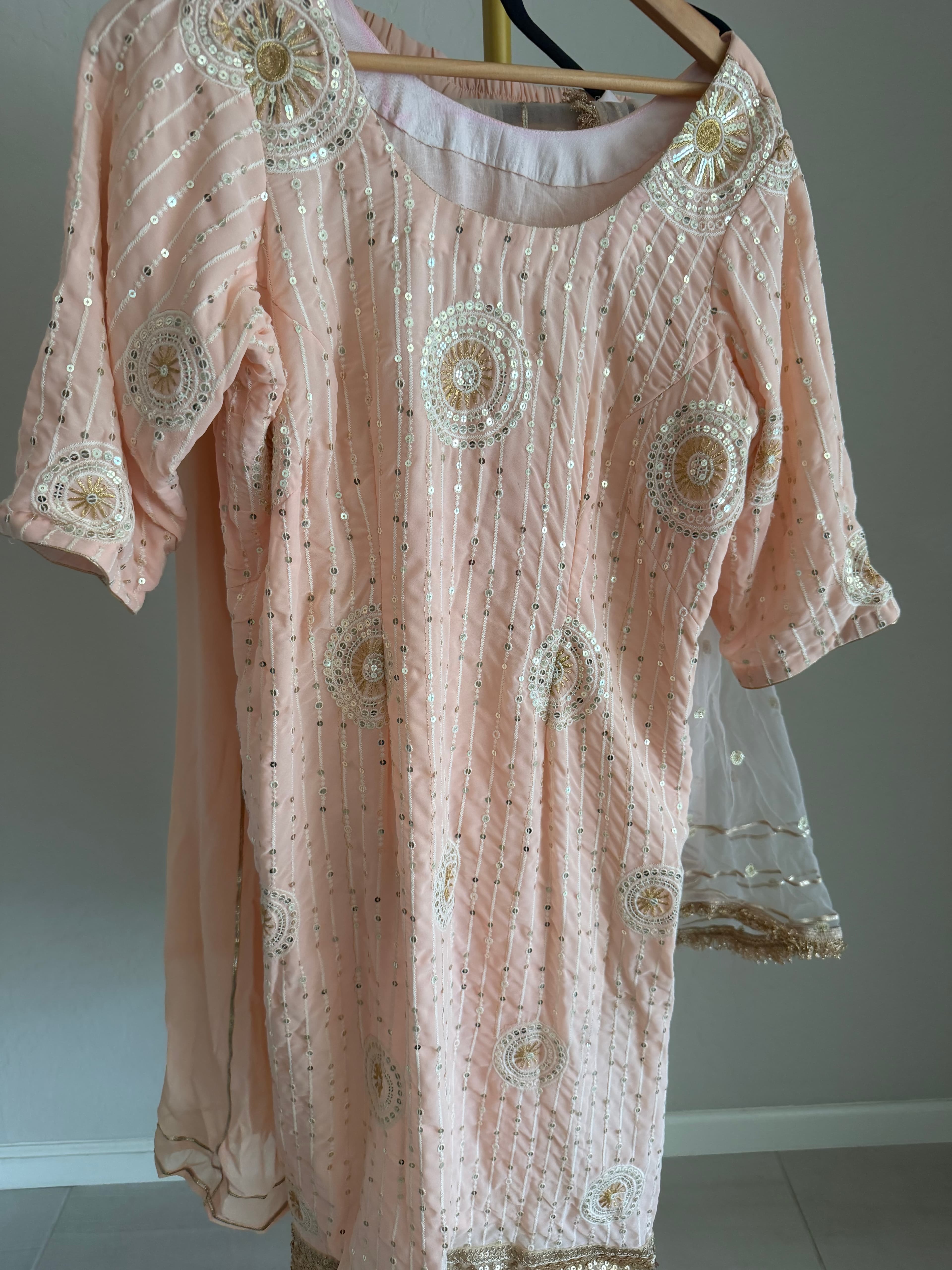 Elegant Peach Sequin & Thread Embroidered Salwar Suit with Net Dupatta