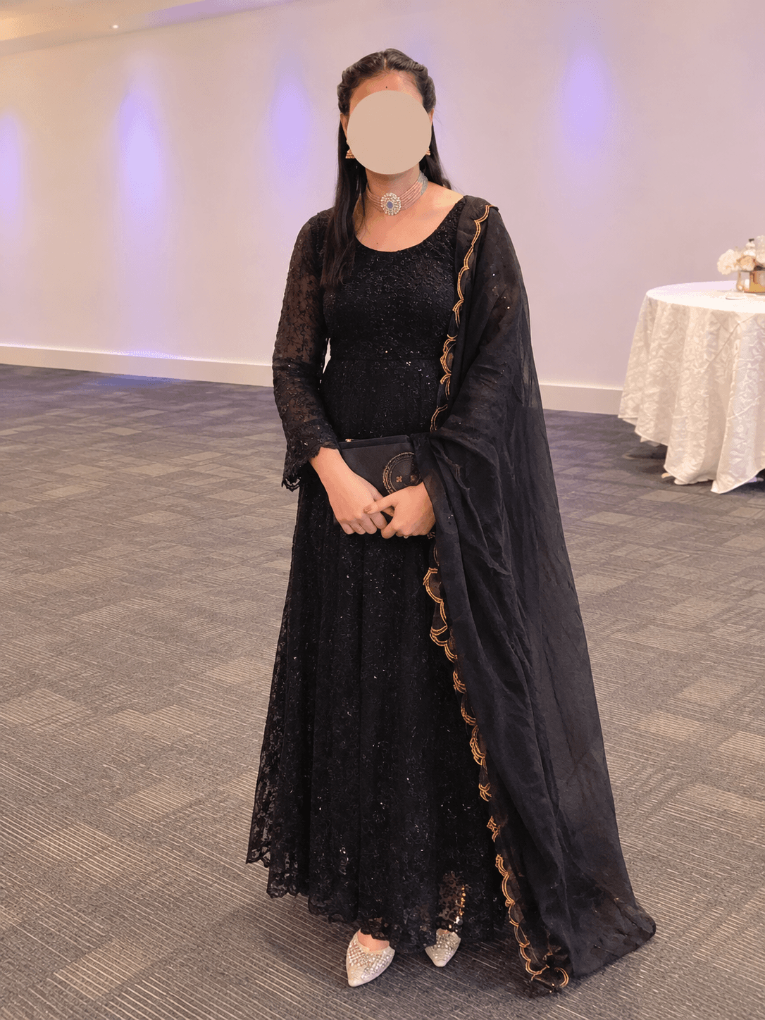Elegant Black Anarkali Suit with Gold Embroidery and Organza Dupatta