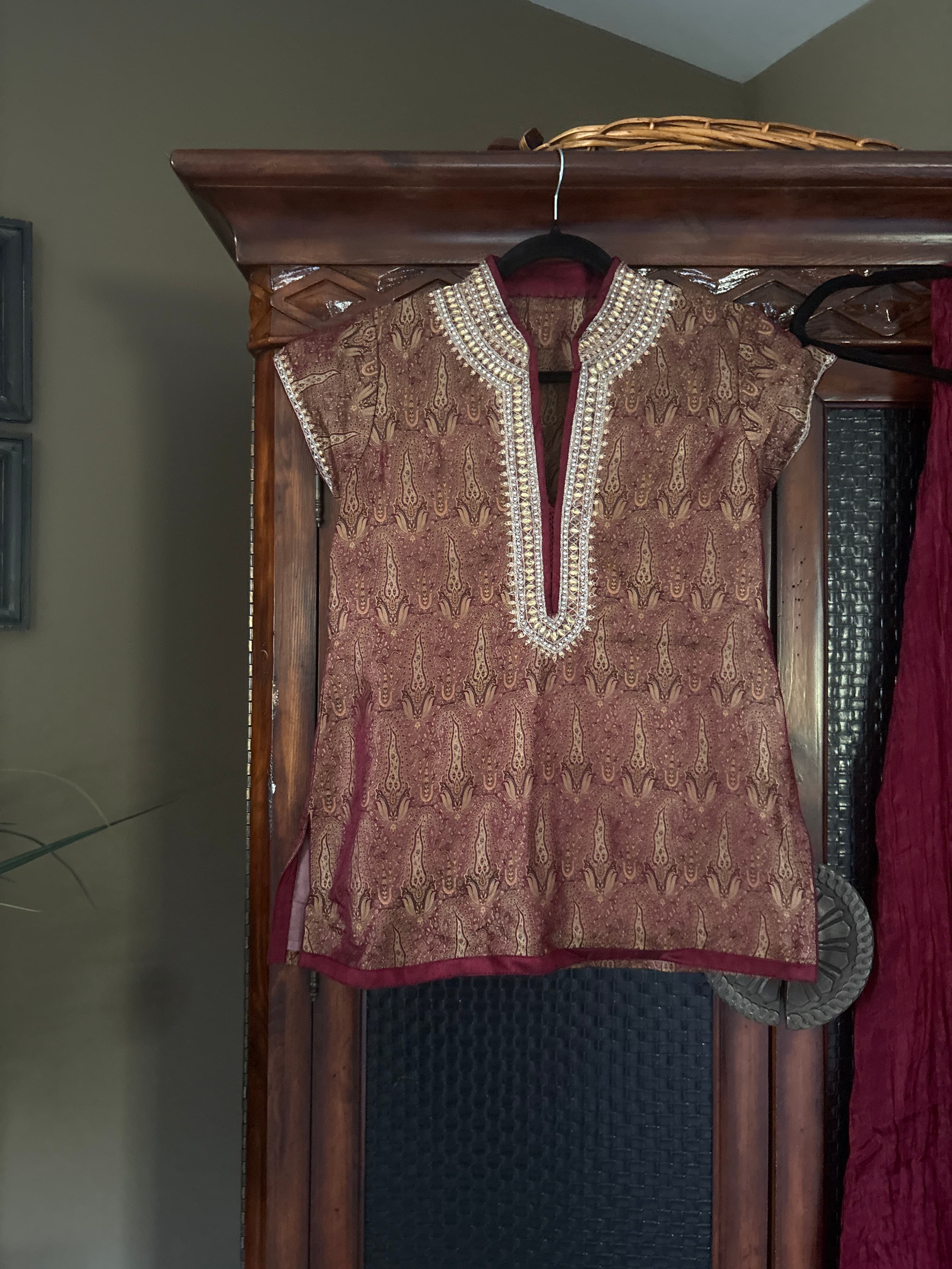 Elegant Maroon and Gold Brocade Suit with Embellished Neckline
