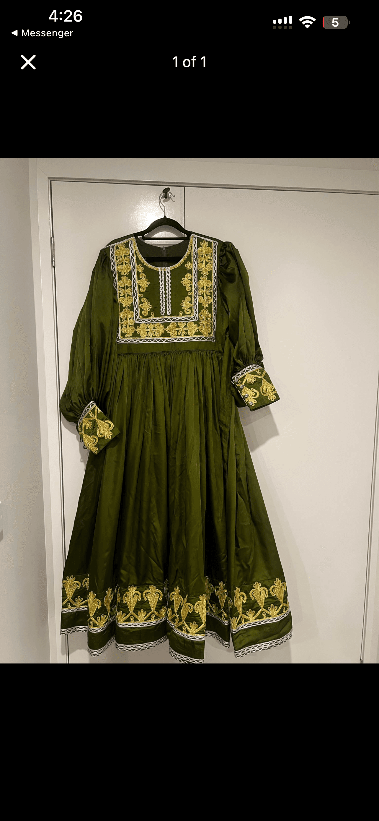 Elegant Olive Green Afghan Kuchi Dress with Gold Embroidery 12-14