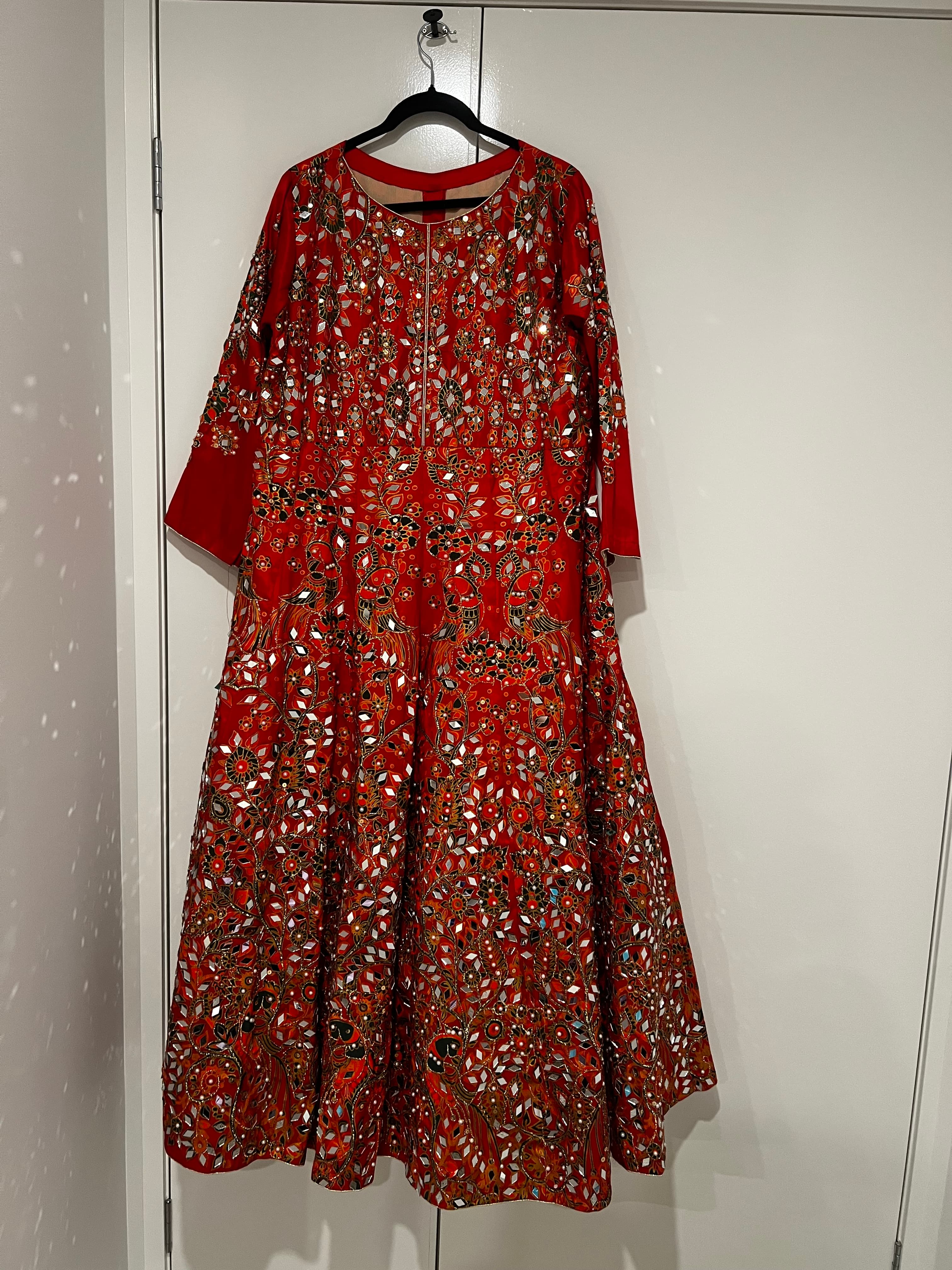 Stunning Red Mehndi Gown with Mirror, Pearls & Blockprint Work
