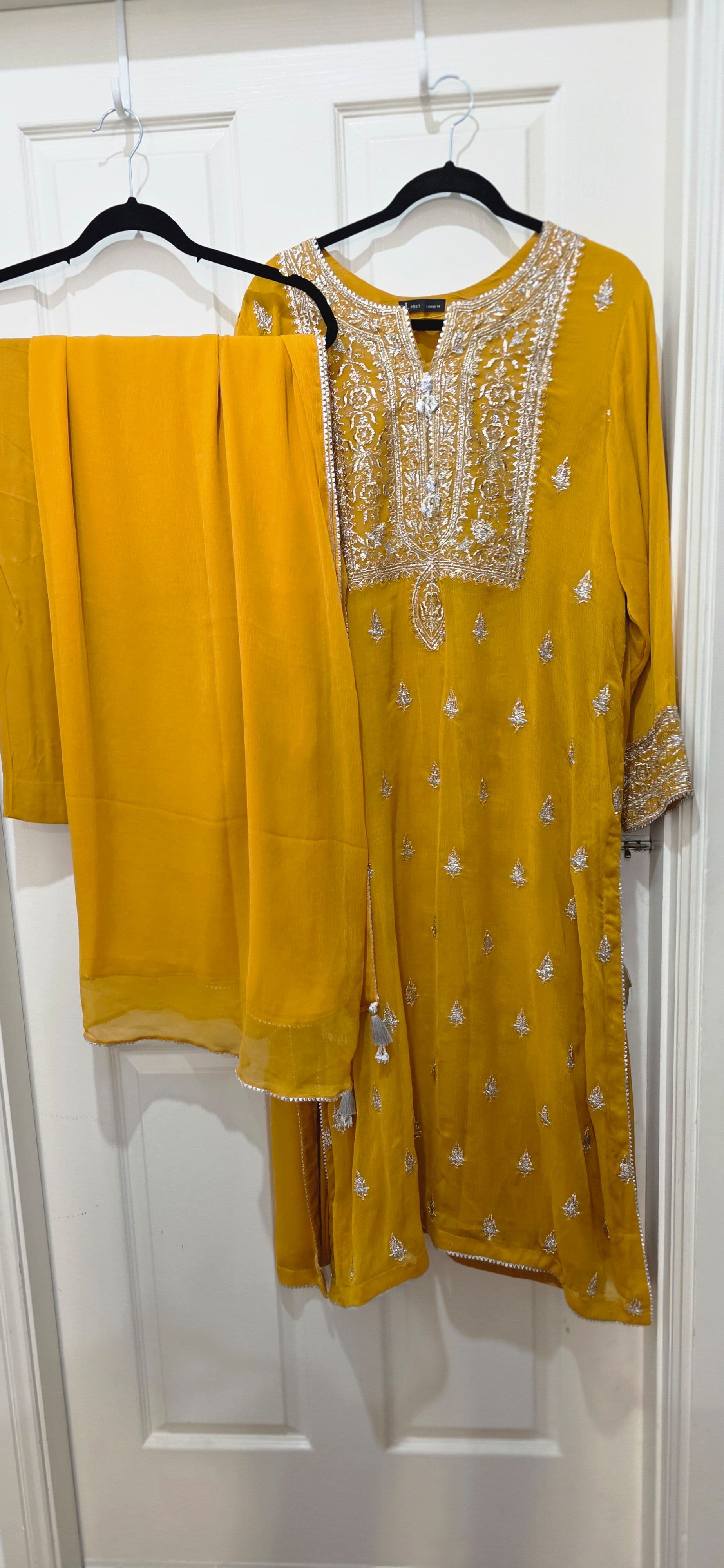 J. Pret Mustard chiffon Suit with Silver Embroidery - Size Large 14