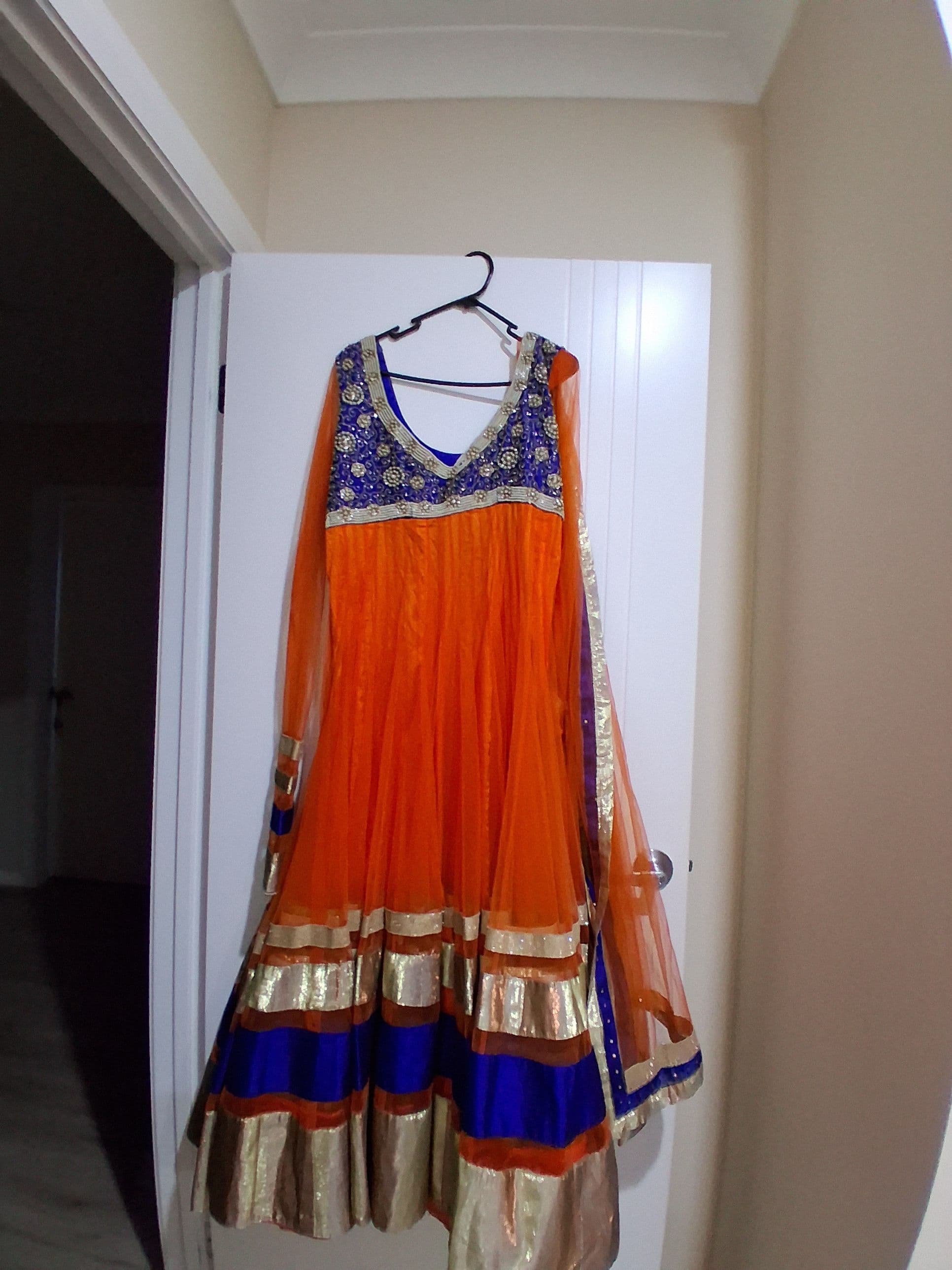 Vibrant Orange & Blue Anarkali Suit with Pearl & Zardozi Work
