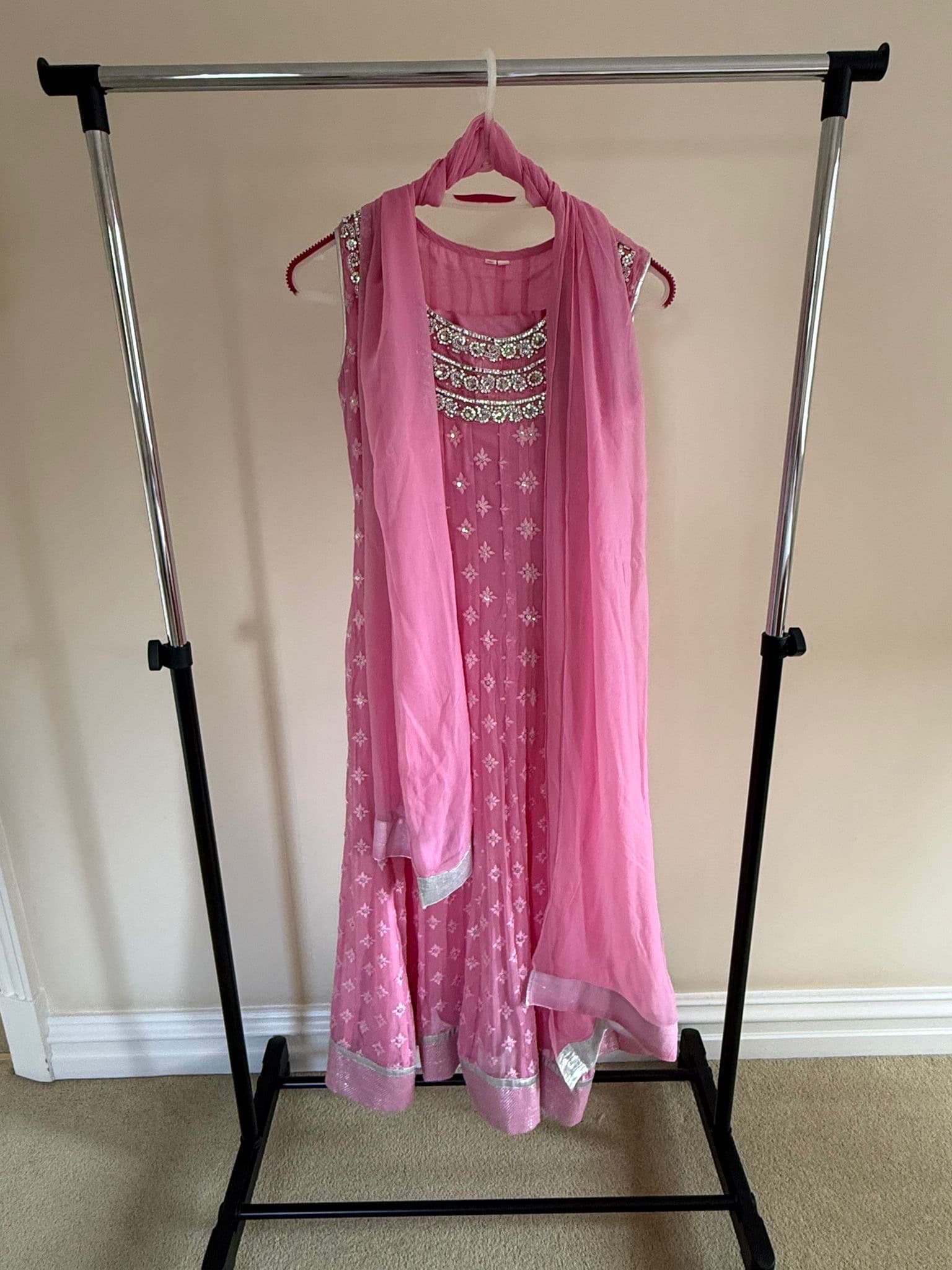 Elegant Pink Anarkali Suit with Silver Sequin and Stone Work