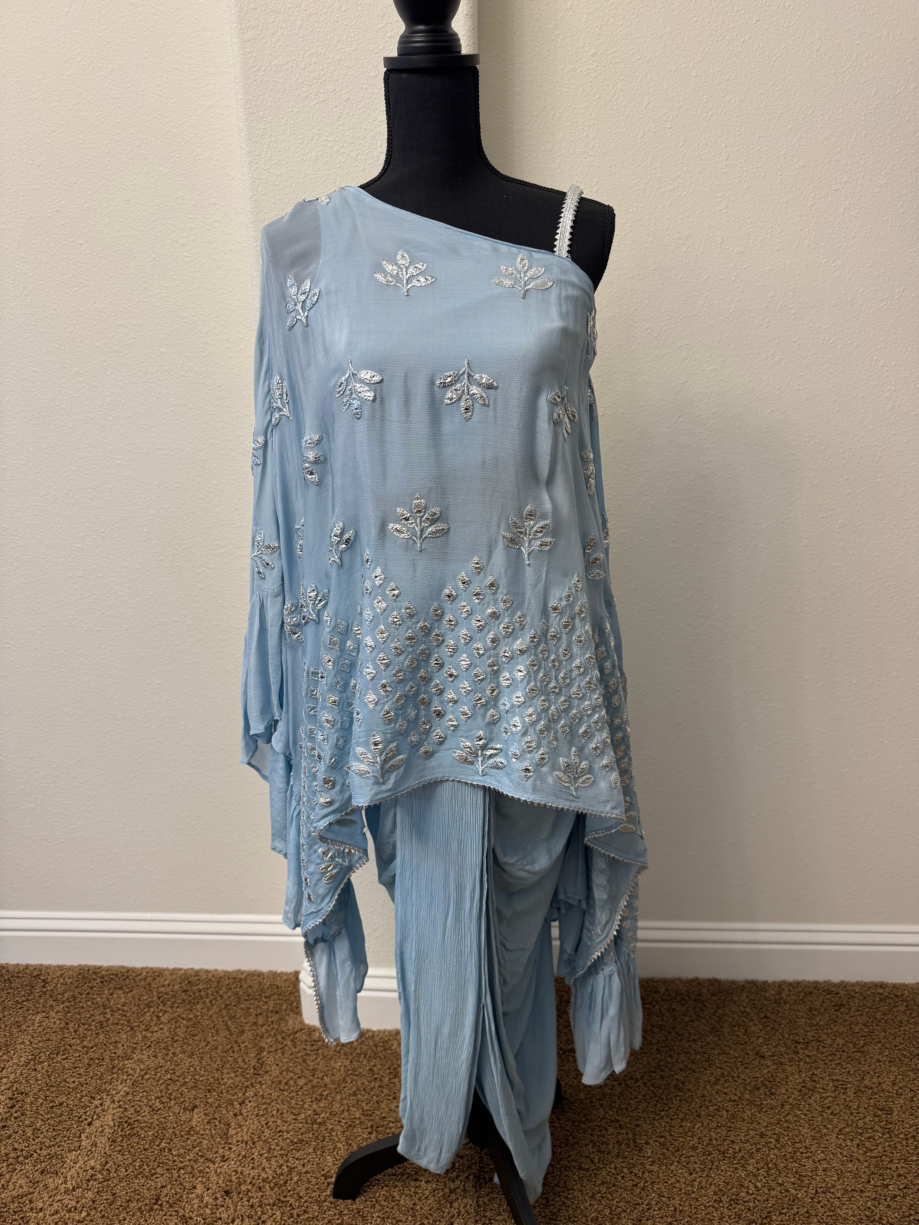 Elegant Sky Blue One-Shoulder Indowestern Set with Silver Embroidery