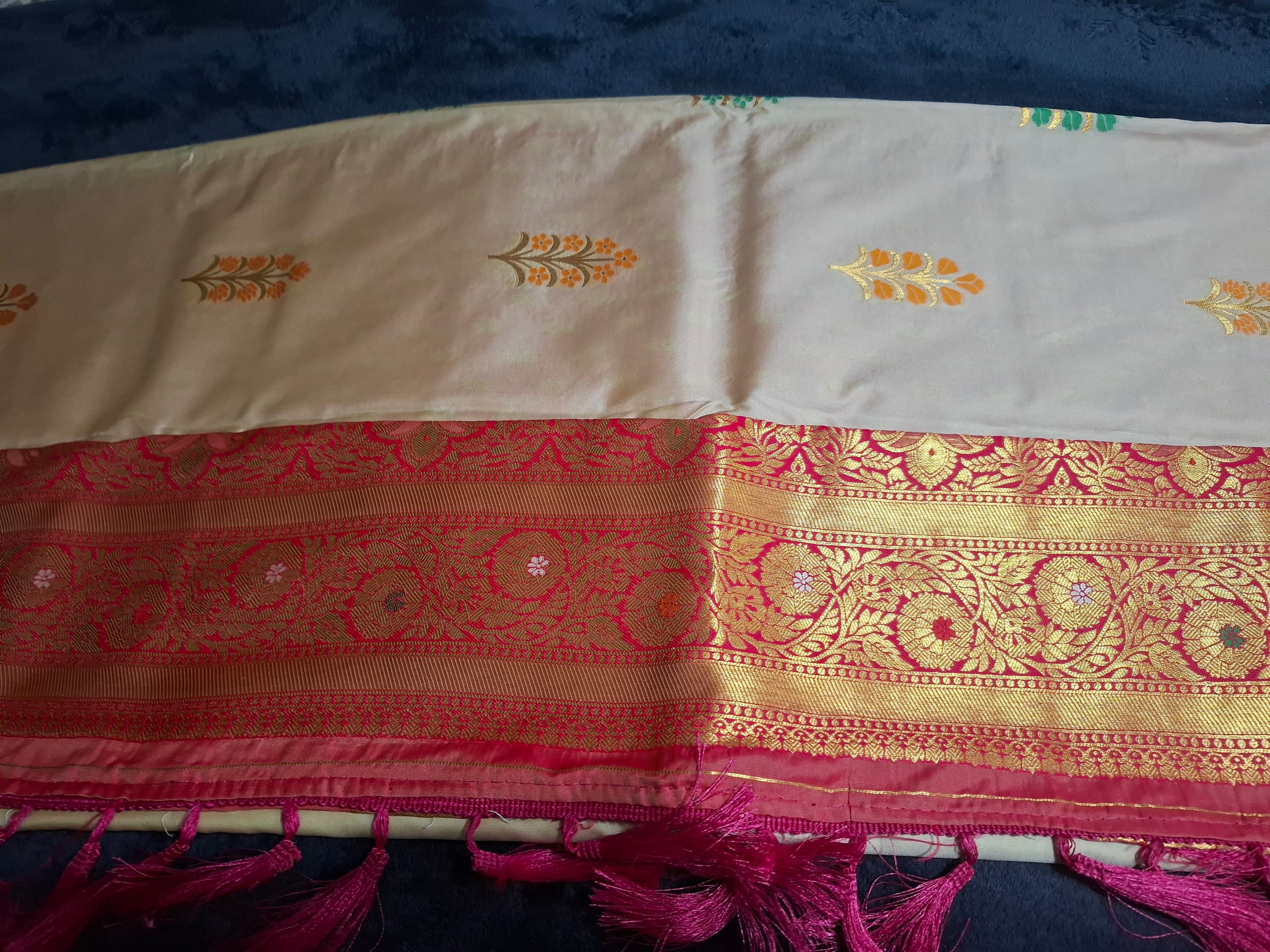 Elegant Cream Art Silk Saree with Gold Zari and Pink Border