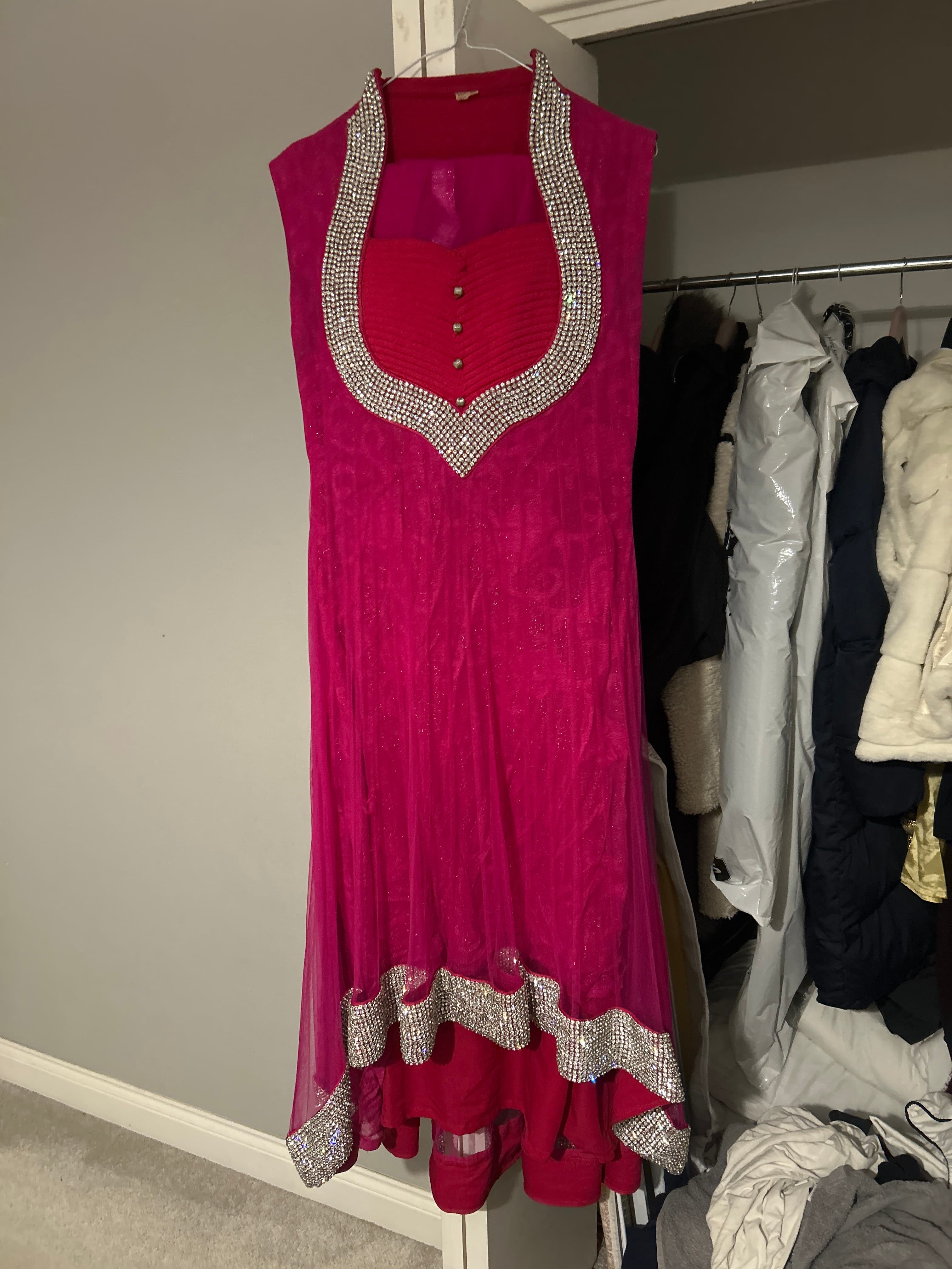 Vibrant Pink Anarkali Suit with Dazzling Stone Work Neckline and Hem